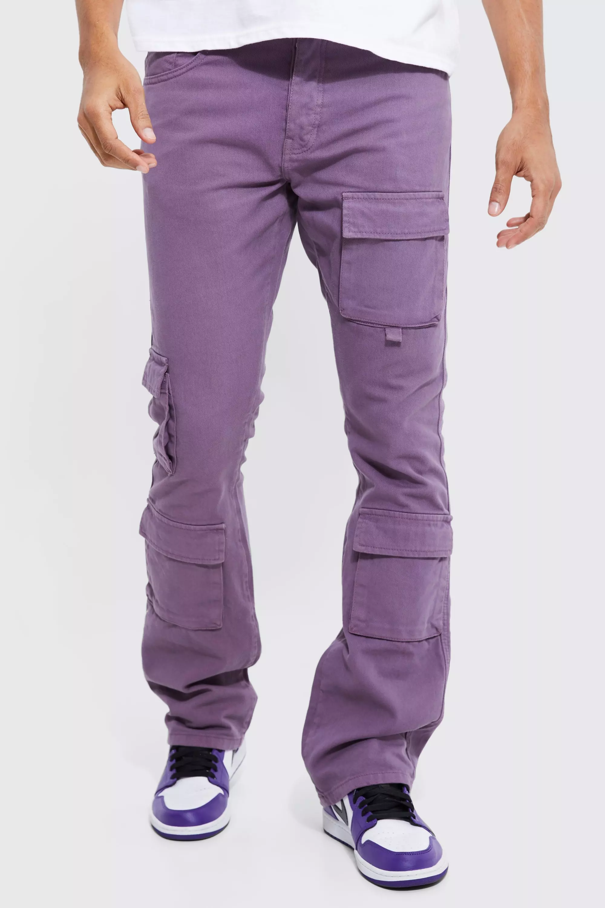 Purple Fixed Waist Skinny Stacked Cargo Pants