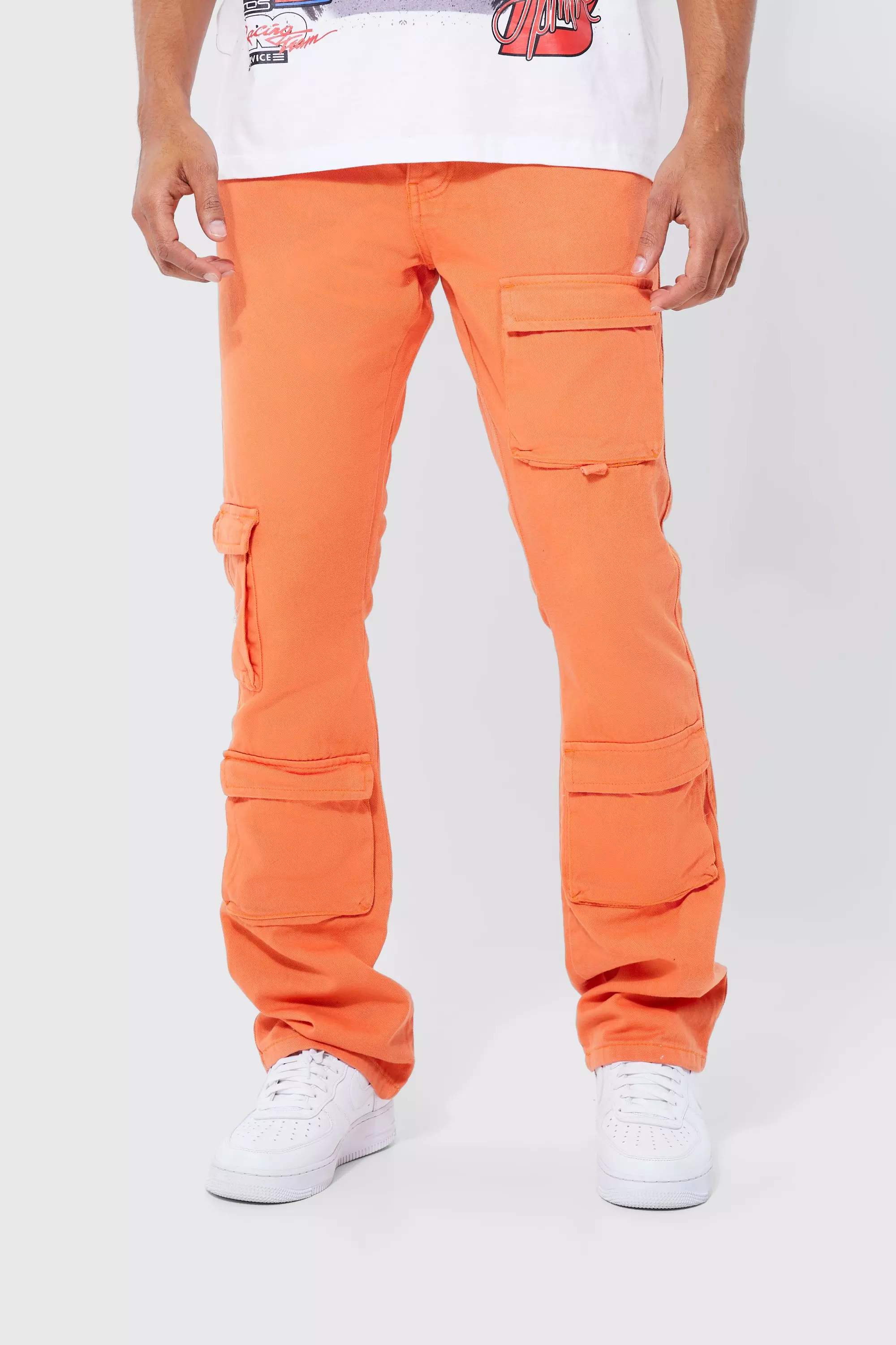 Orange Fixed Waist Skinny Stacked Cargo Pants