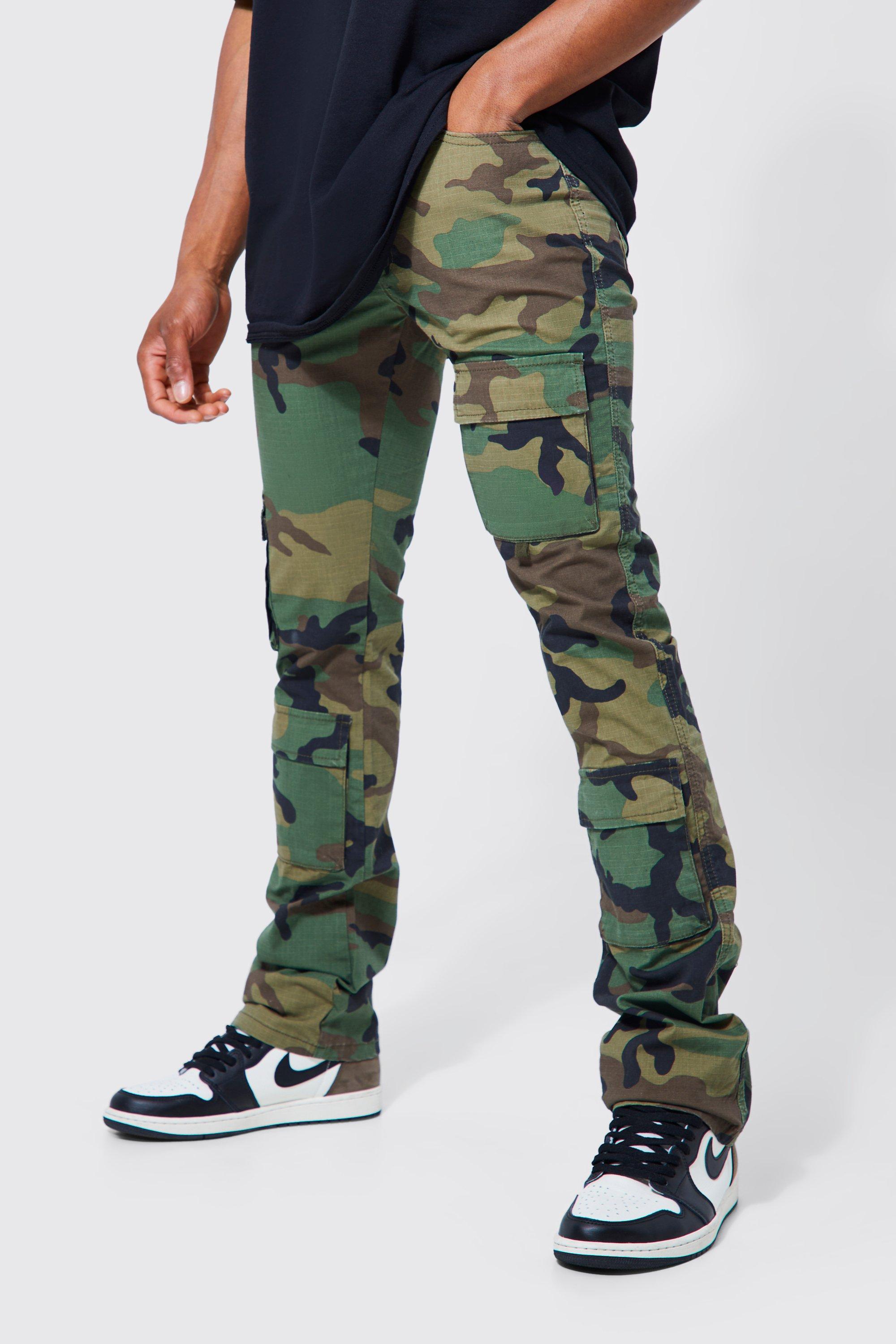 boohooMAN Mens Fixed Waist Skinny Stacked Camo Cargo Pants - Green