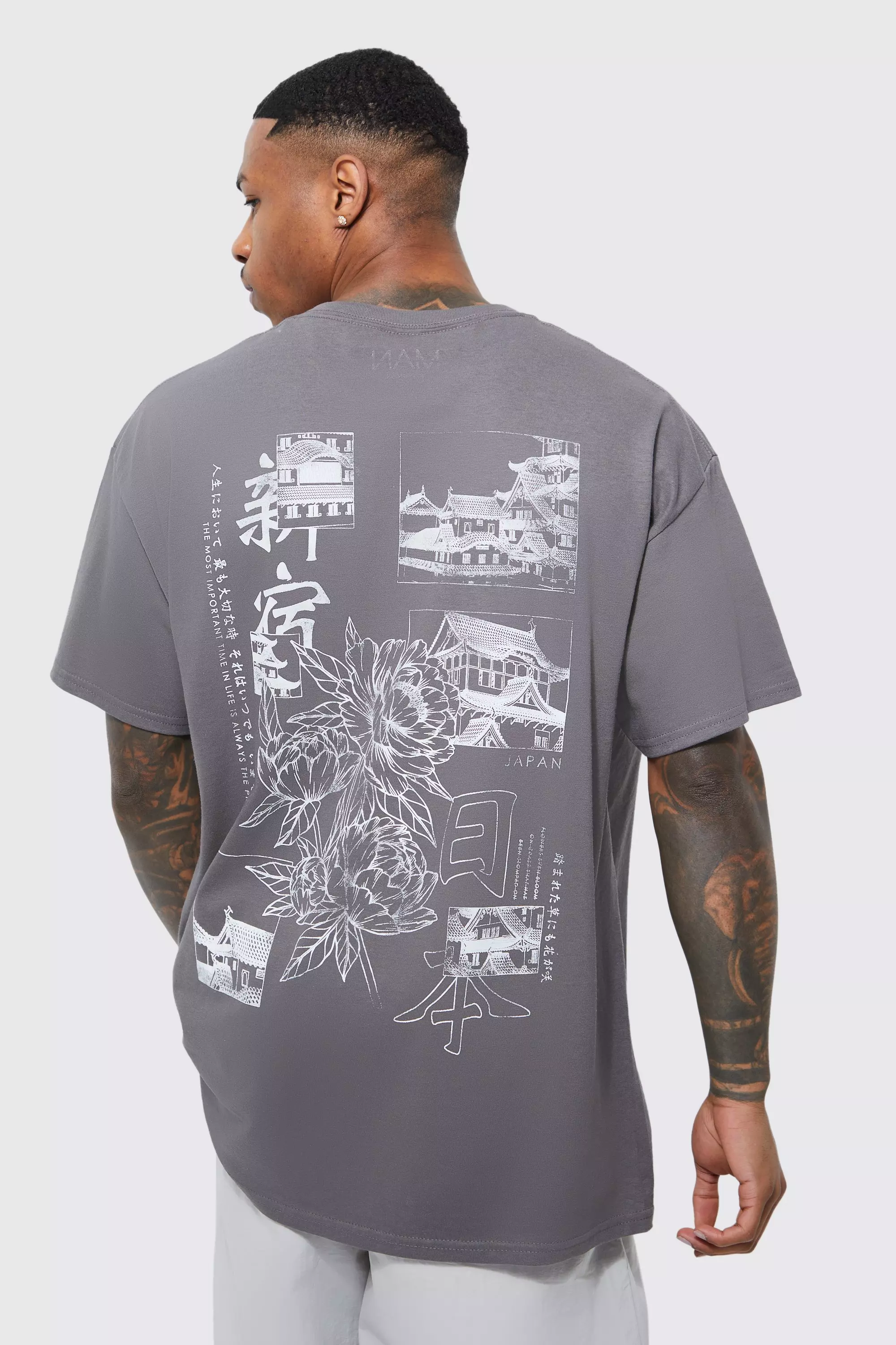 Oversized Stencil Back Graphic T-shirt Charcoal