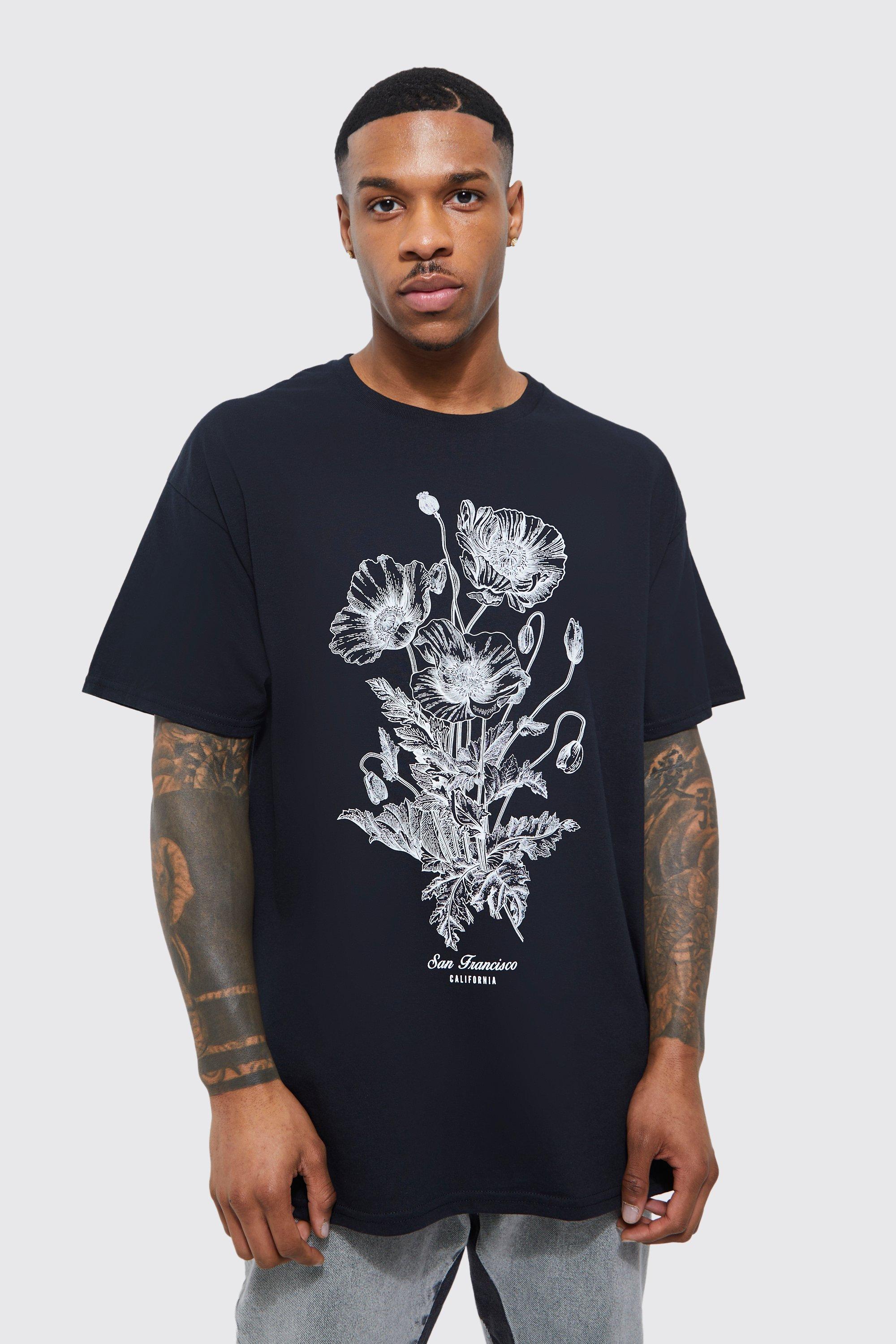 boohoo Men's Oversized Floral Skull Back Graphic T-Shirt - Black