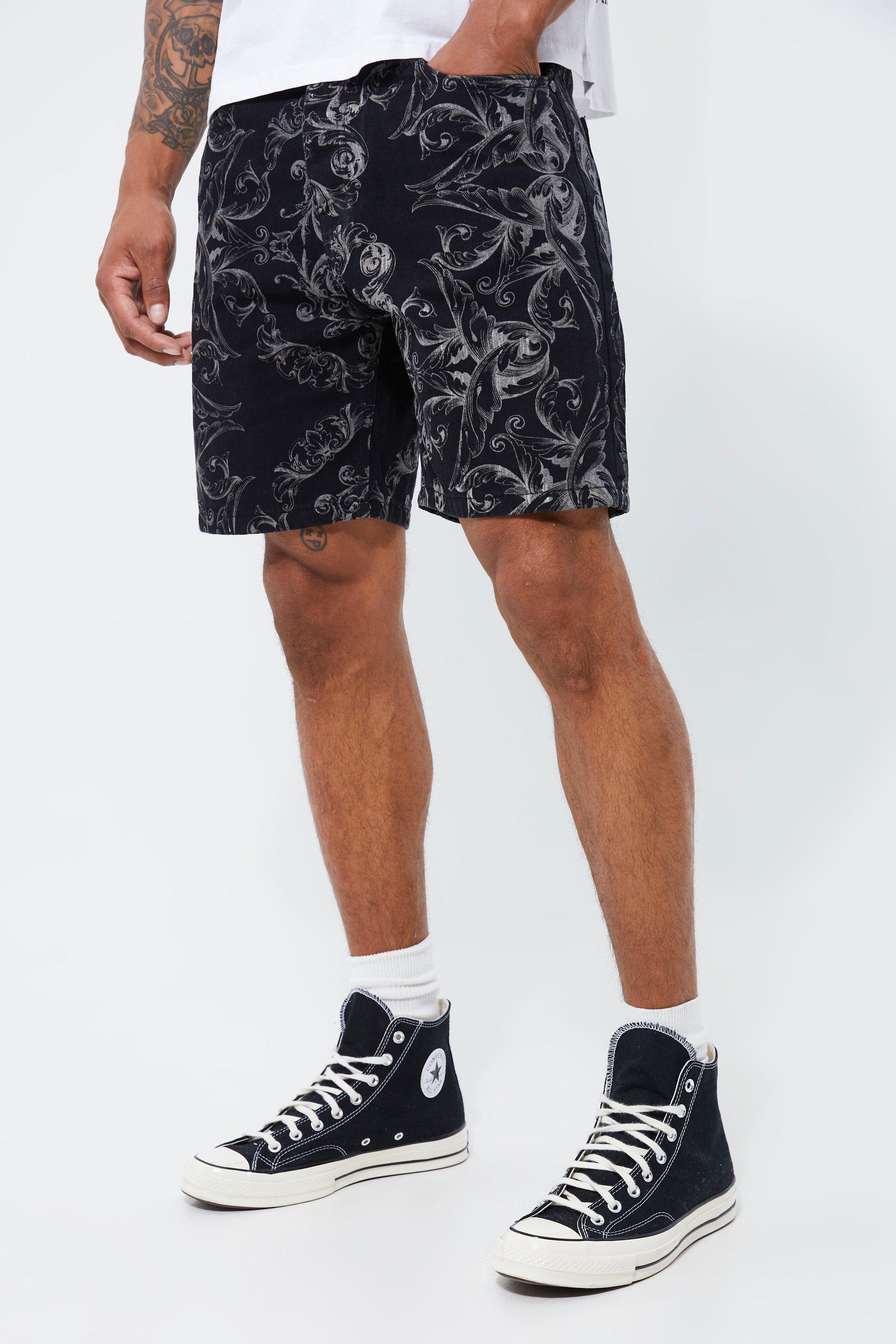 Pantaloncini Rilassati In Denim Con Stampa Barocca, Washed black