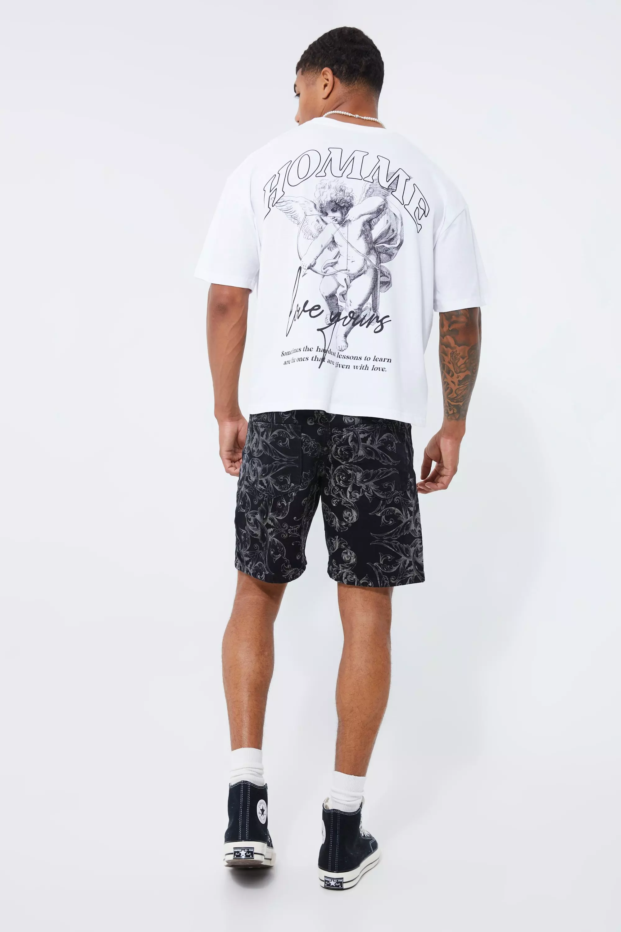 Washed black Baggy Denim Baroque Print Shorts alternatieve afbeelding
