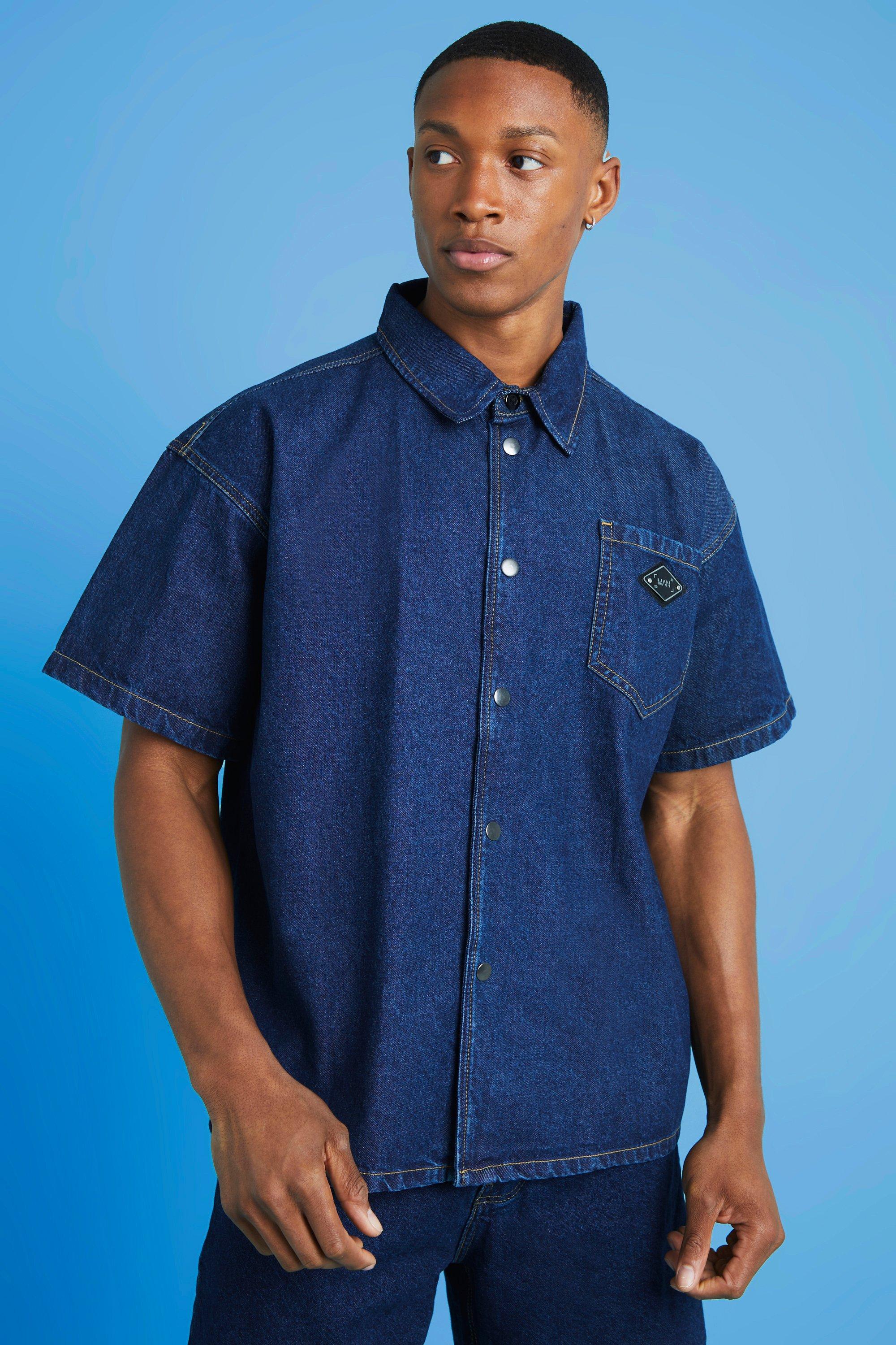 boohooMAN Boxy Fit Diamond Jacquard Denim Shirt - Blue - Size S