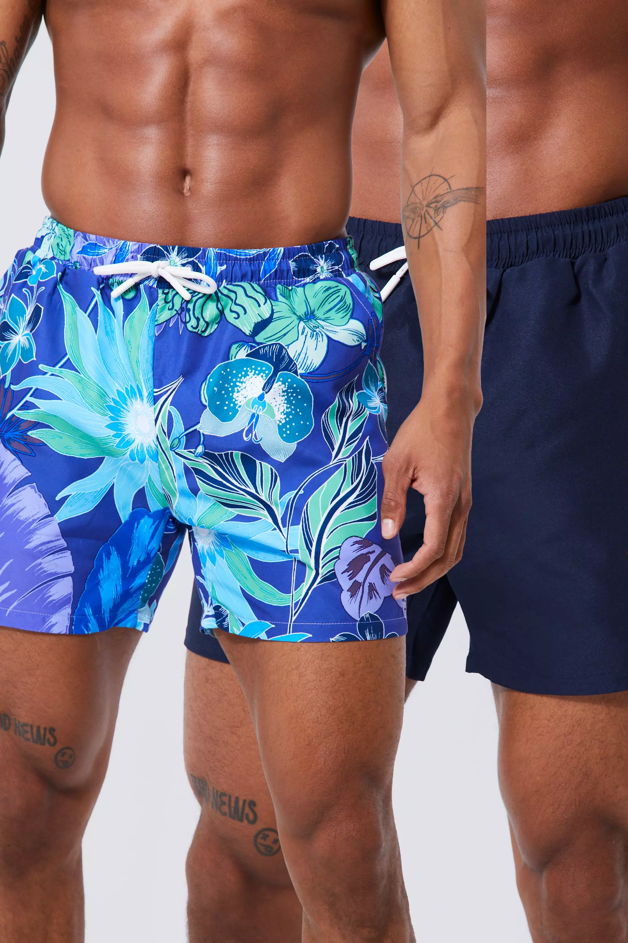 Mid Length 2 Pack Print & Plain Swim Trunks Navy