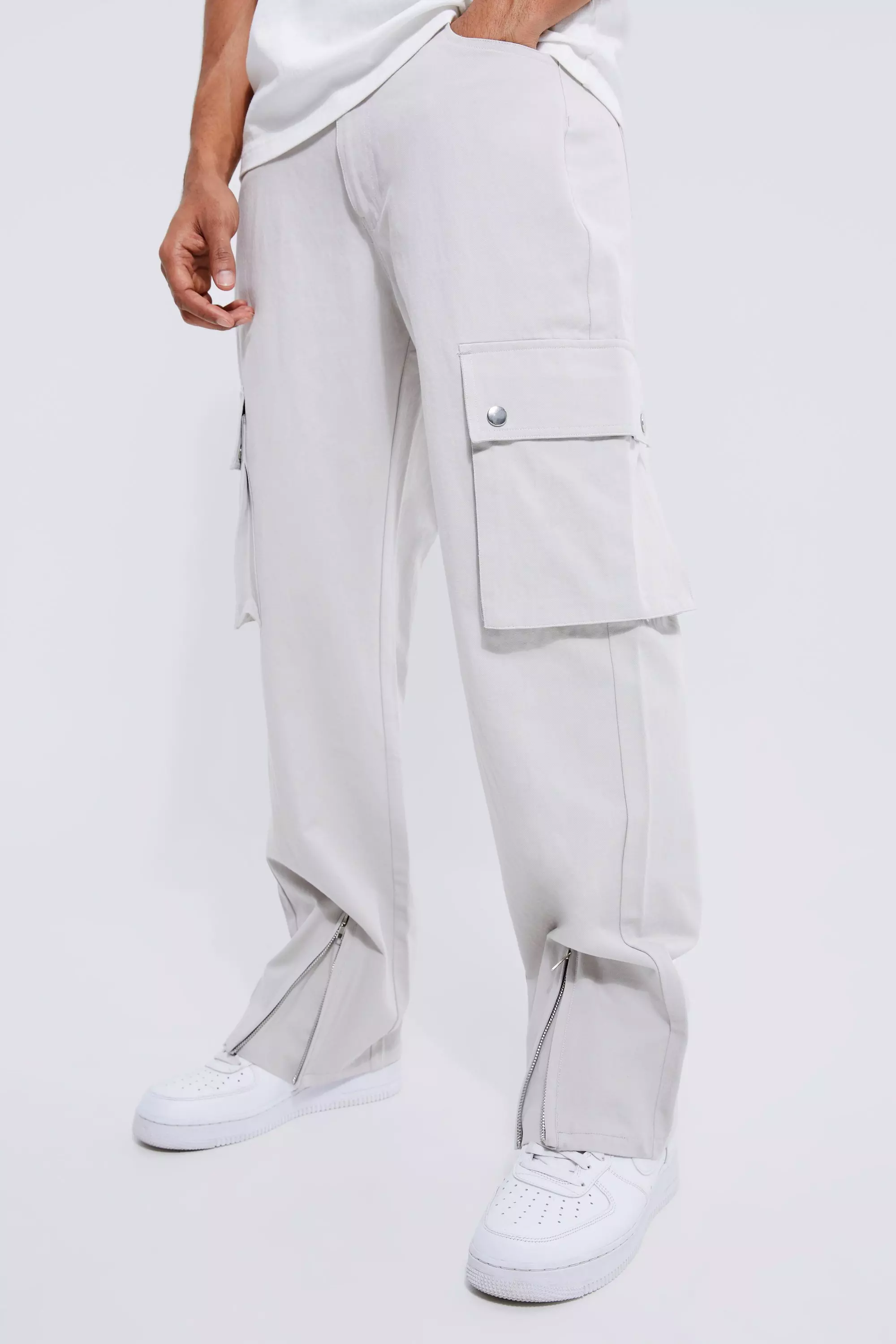 Grey Fixed Waist Relaxed Cargo With Zip Hem Gusset