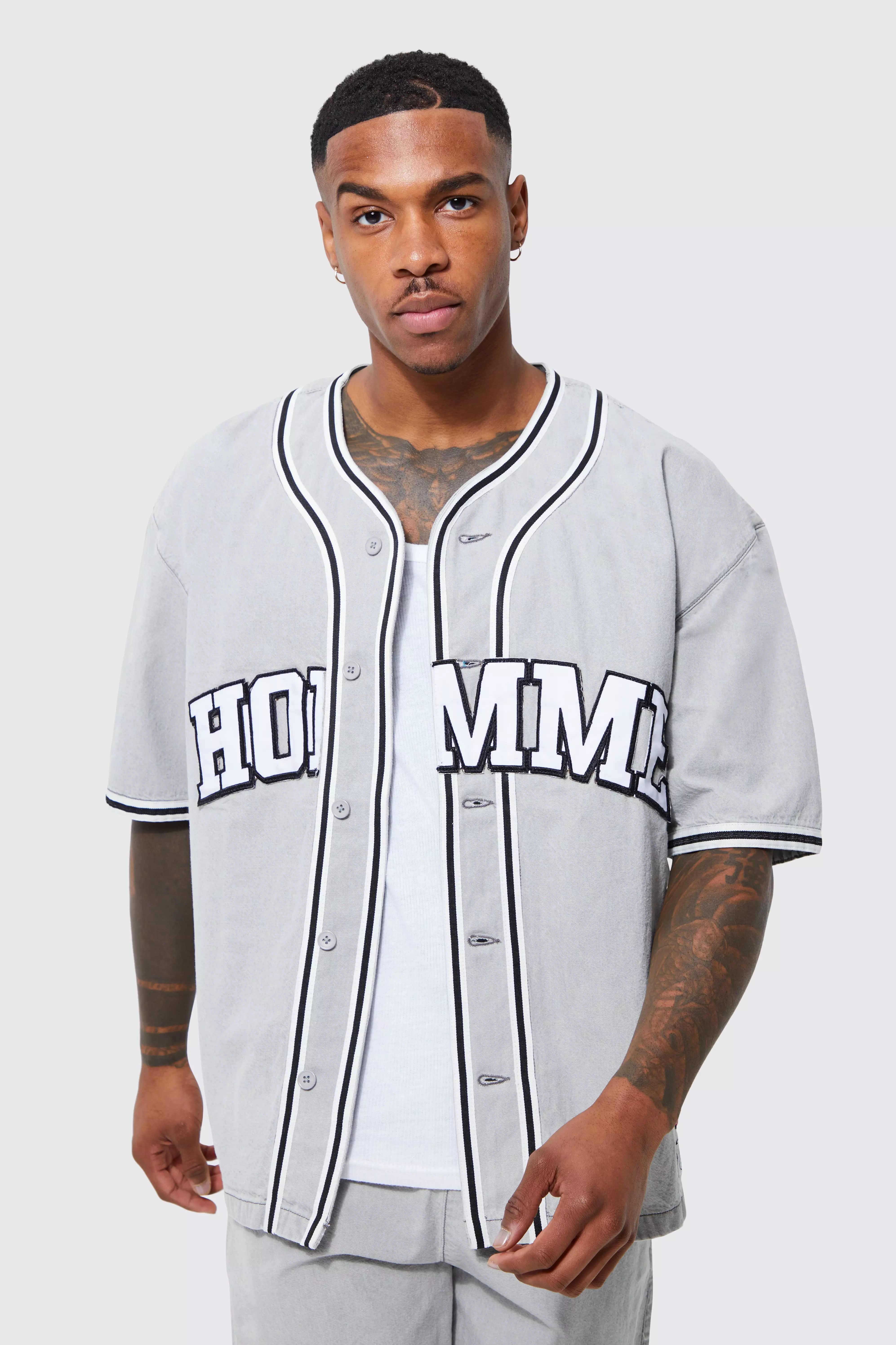 Homme Varsity Denim Baseball Shirt and shorts