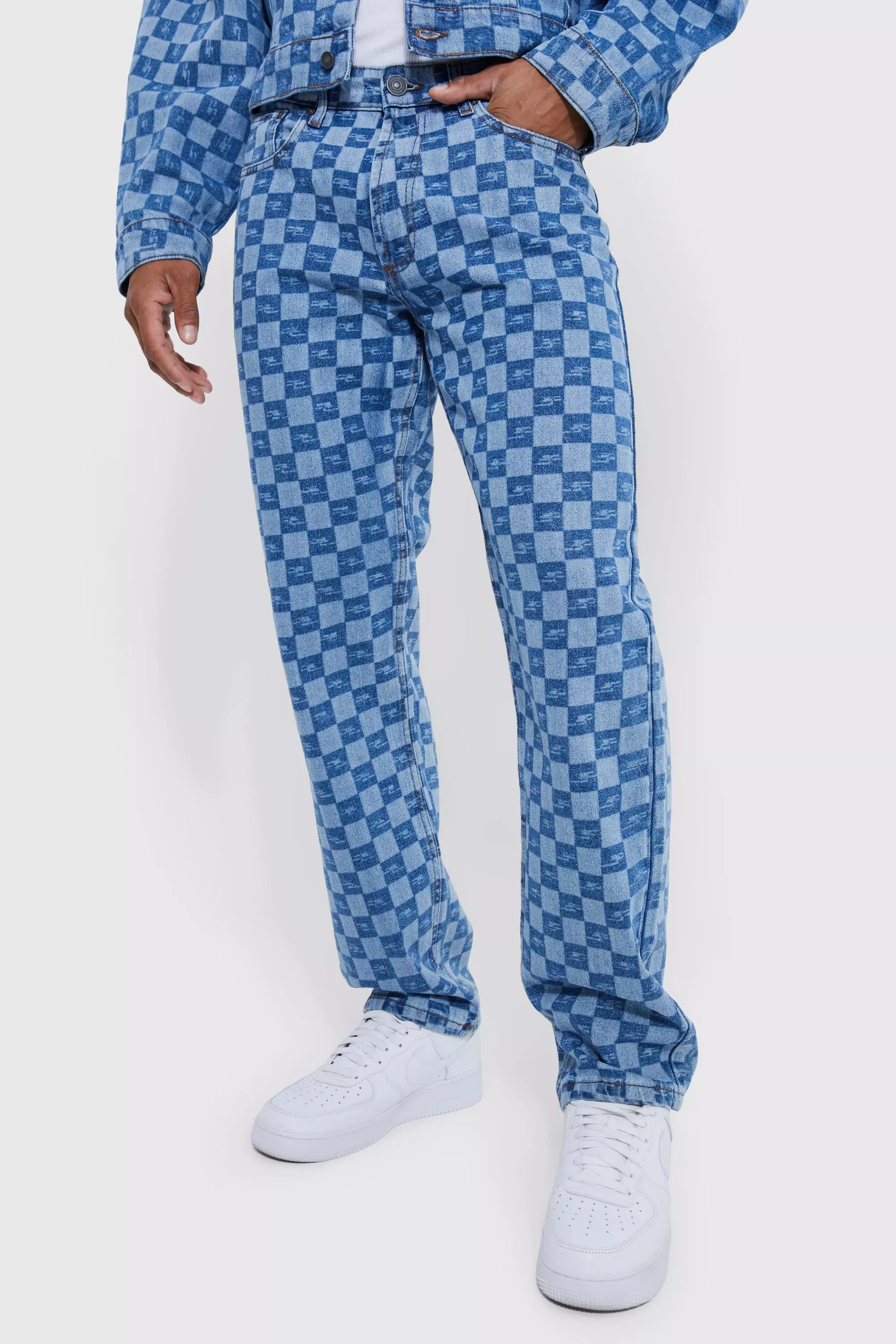 Blue Relaxed Rigid Checkerboard Laser Print Jeans