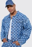 Antique blue Boxy Fit Checkerboard Laser Print Denim Jacket