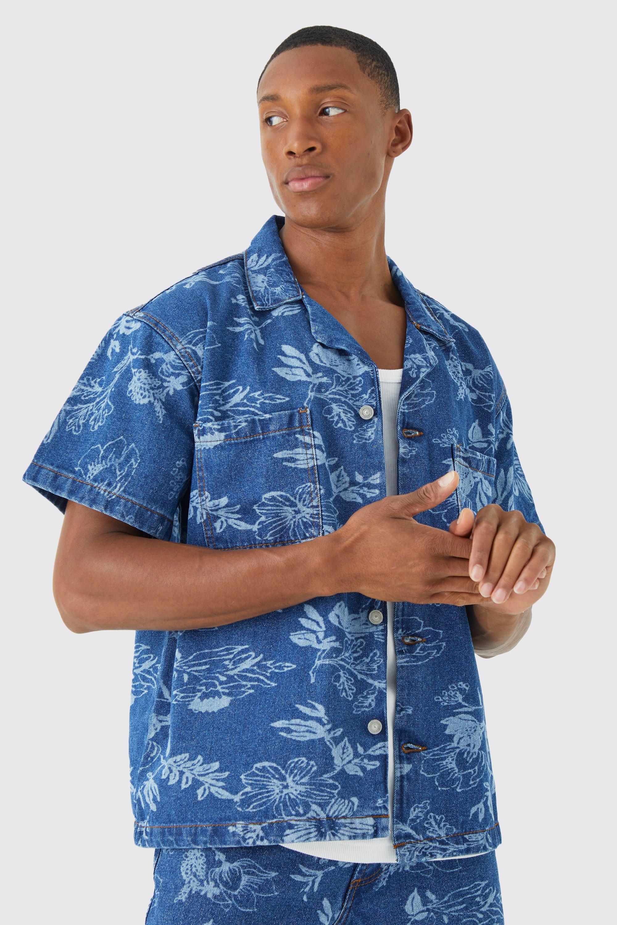 Mid blue Boxy Rigid Short Sleeve Floral Print Denim Shirt