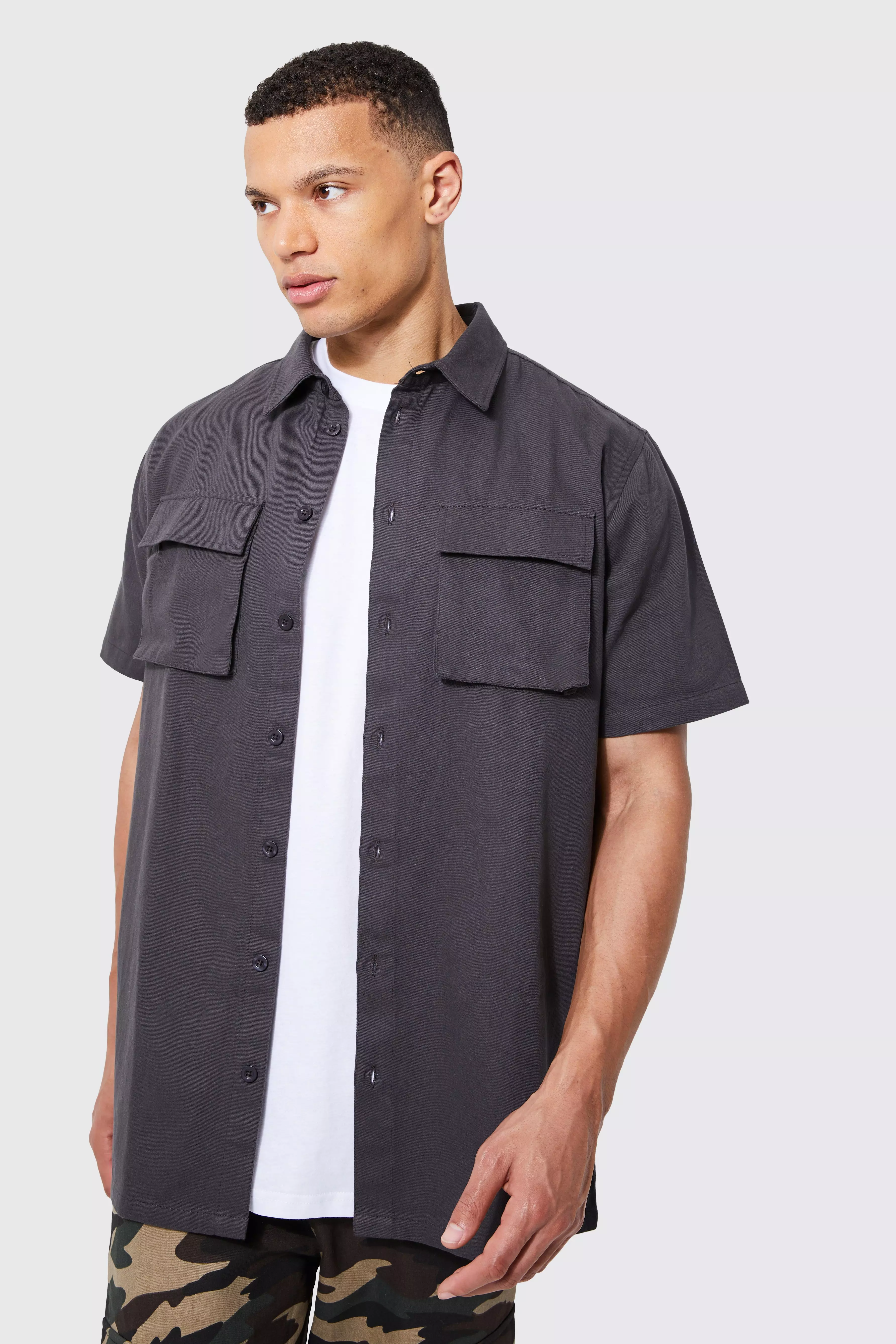 Charcoal Grey Tall Short Sleeve Shacket Utility Shirt