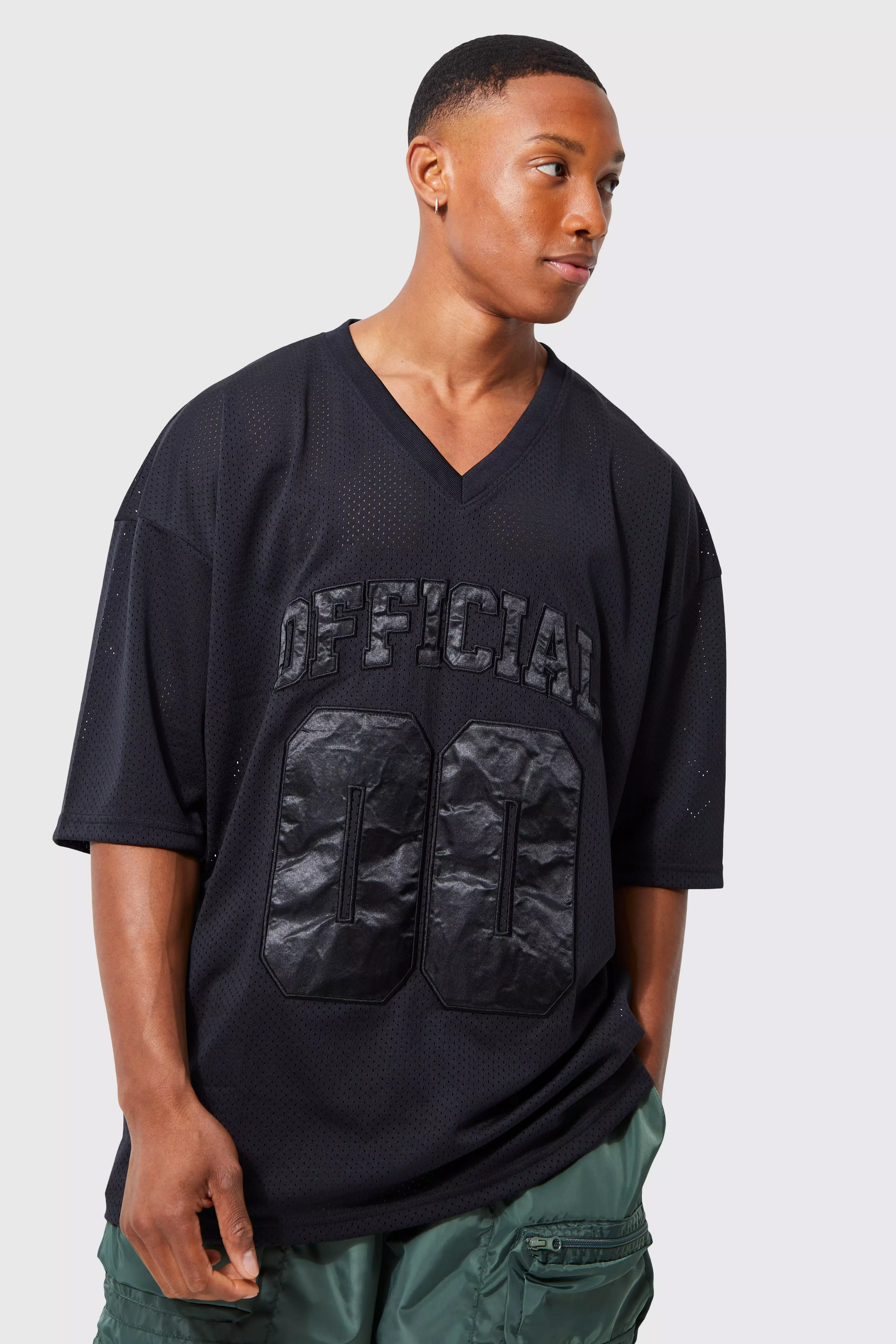 Oversized Raglan Mesh Satin Applique T-shirt Black