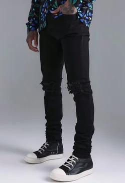 Black Skinny Stretch Stacked Ripped Knee Jeans