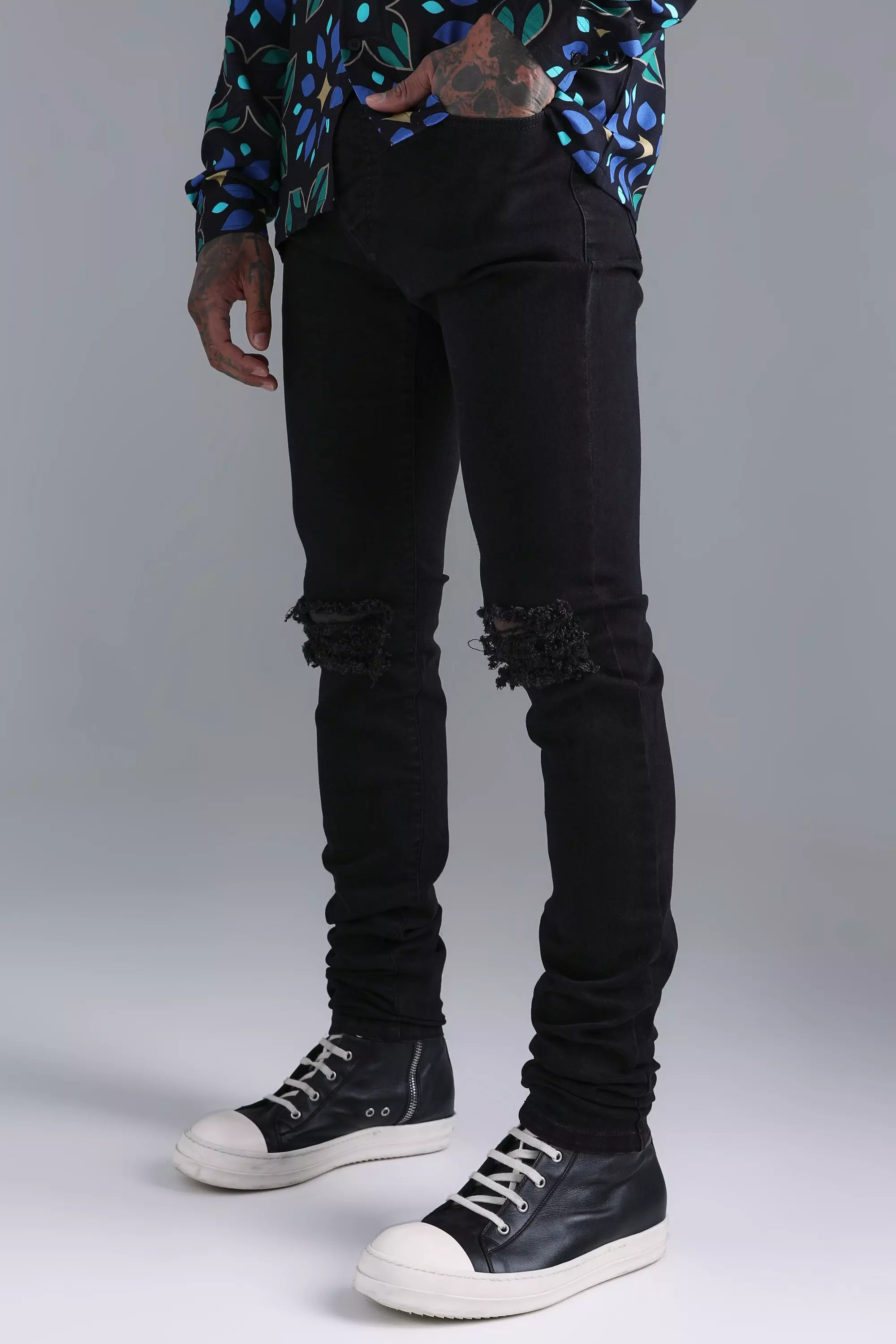 Ash Grey Skinny Stretch Stacked Ripped Knee Jeans
