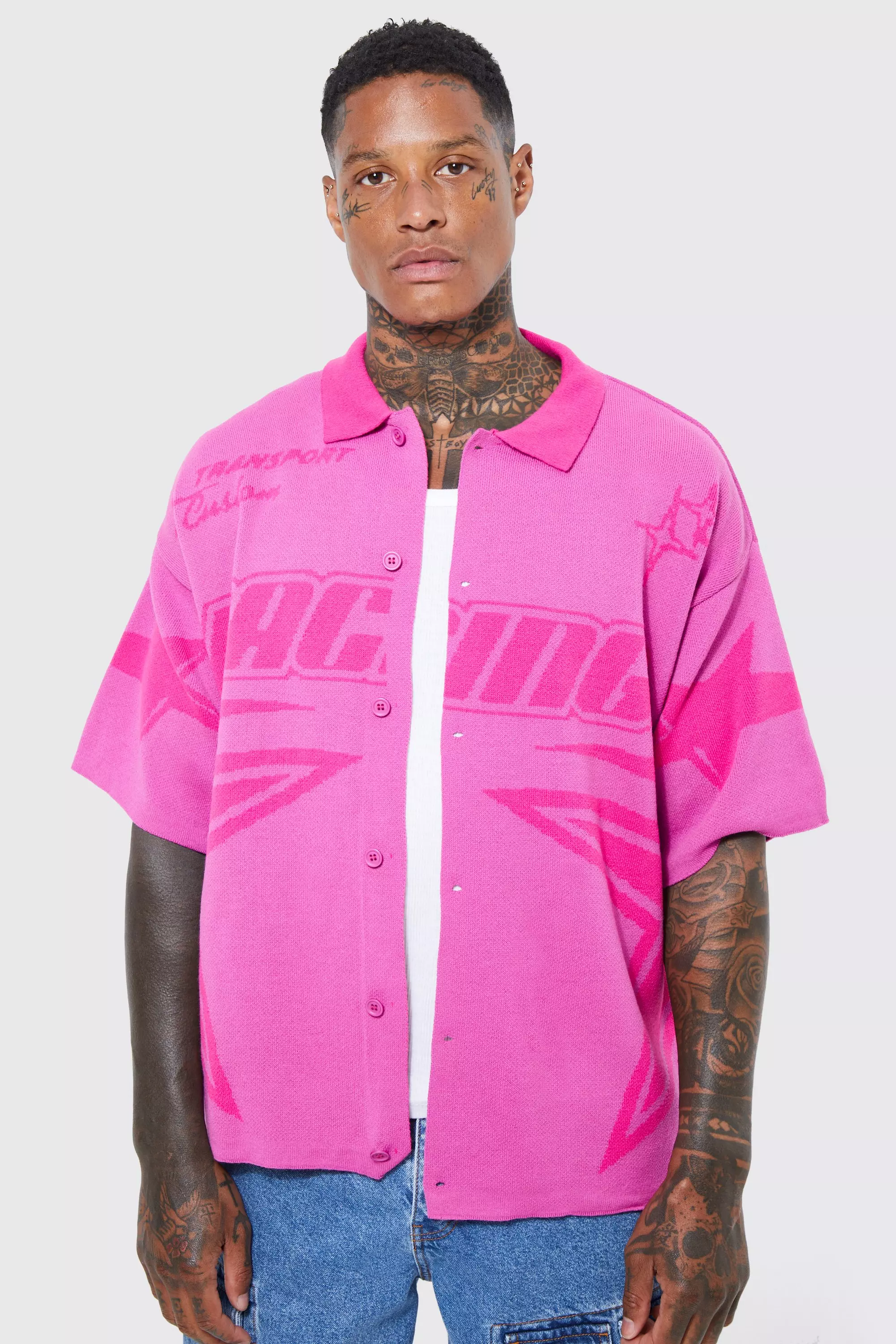 Pink Boxy Fit Knitted Moto Shirt