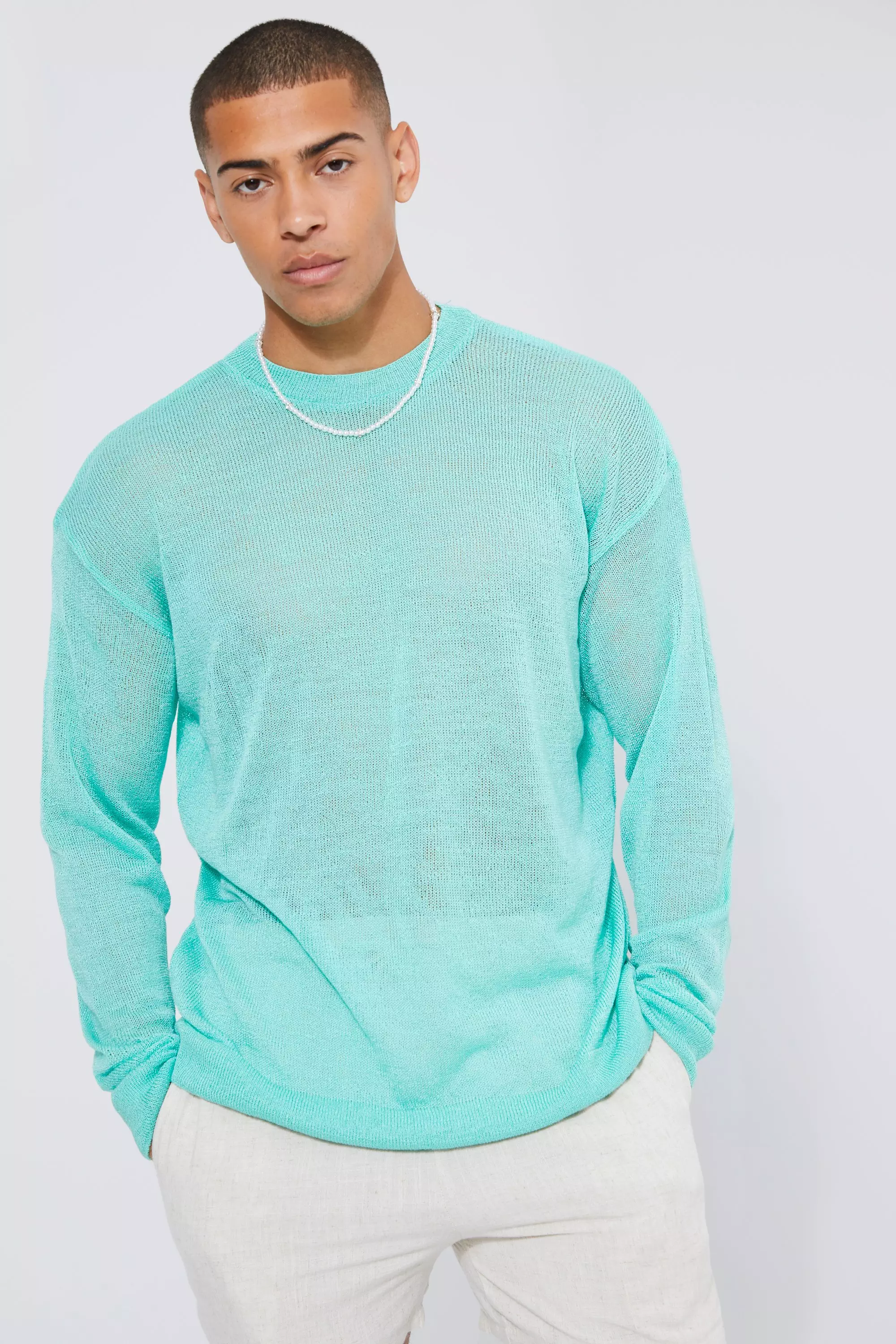 Oversized Sheer Knitted Sweater Aqua