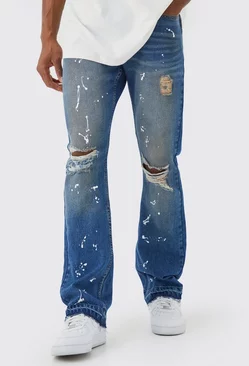 Blue Slim Flare Jeans With Knee Rips