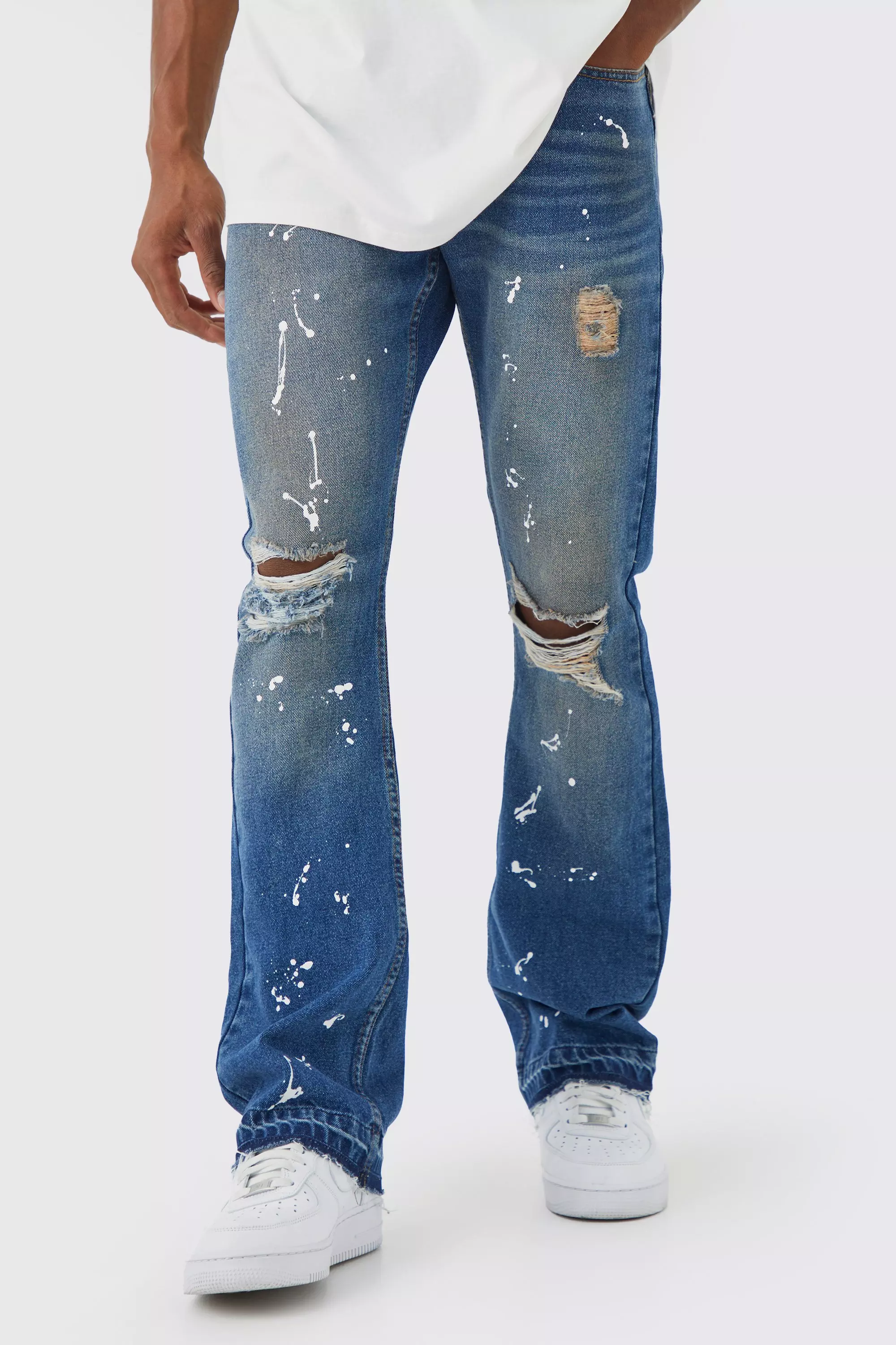 Slim Flare Jeans With Knee Rips Antique blue