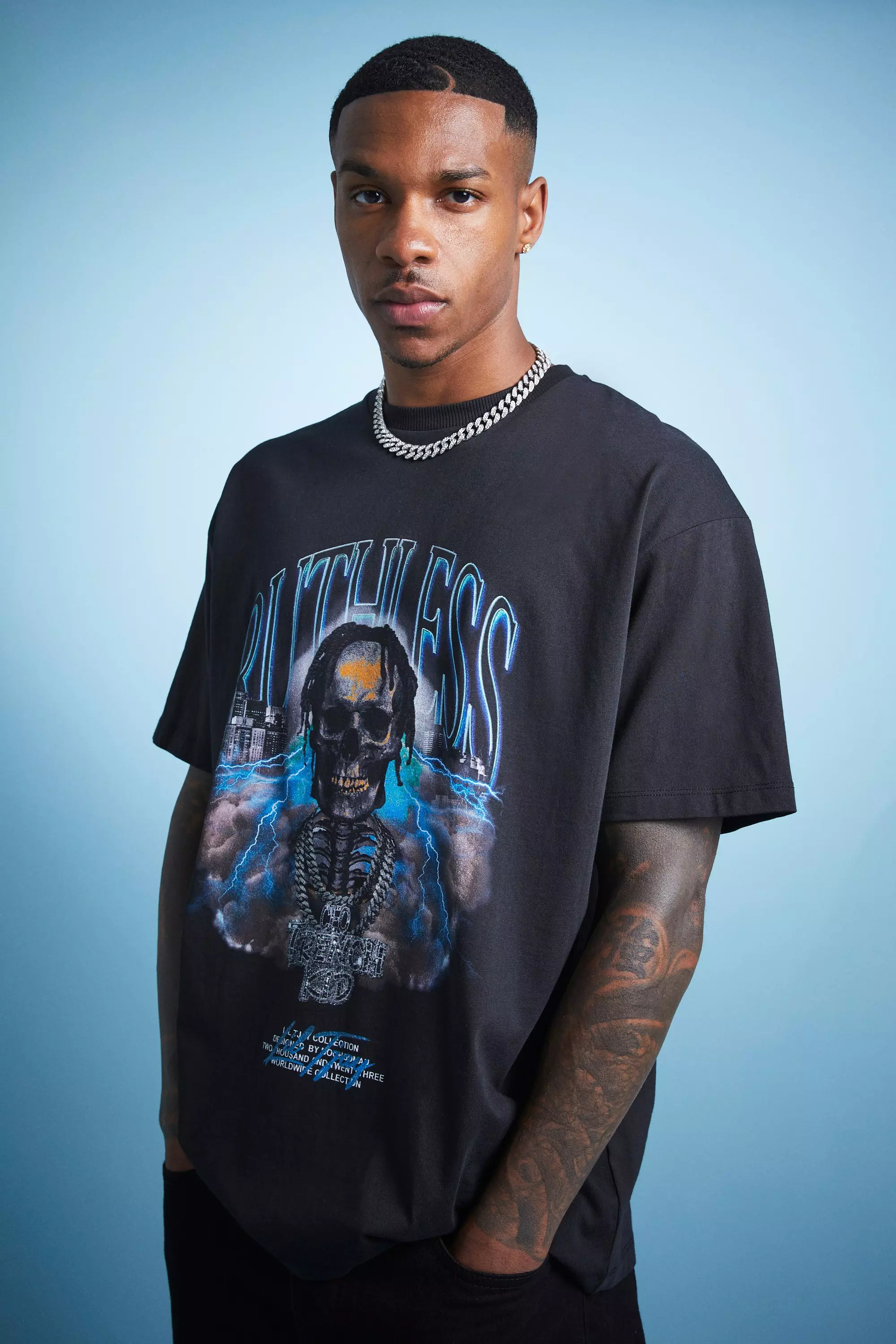 Black Lil Tjay Oversized Ruthless Skull Graphic T-shirt