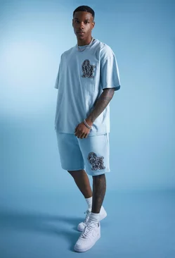 Blue Lil Tjay Oversized Applique T-shirt & Short Set