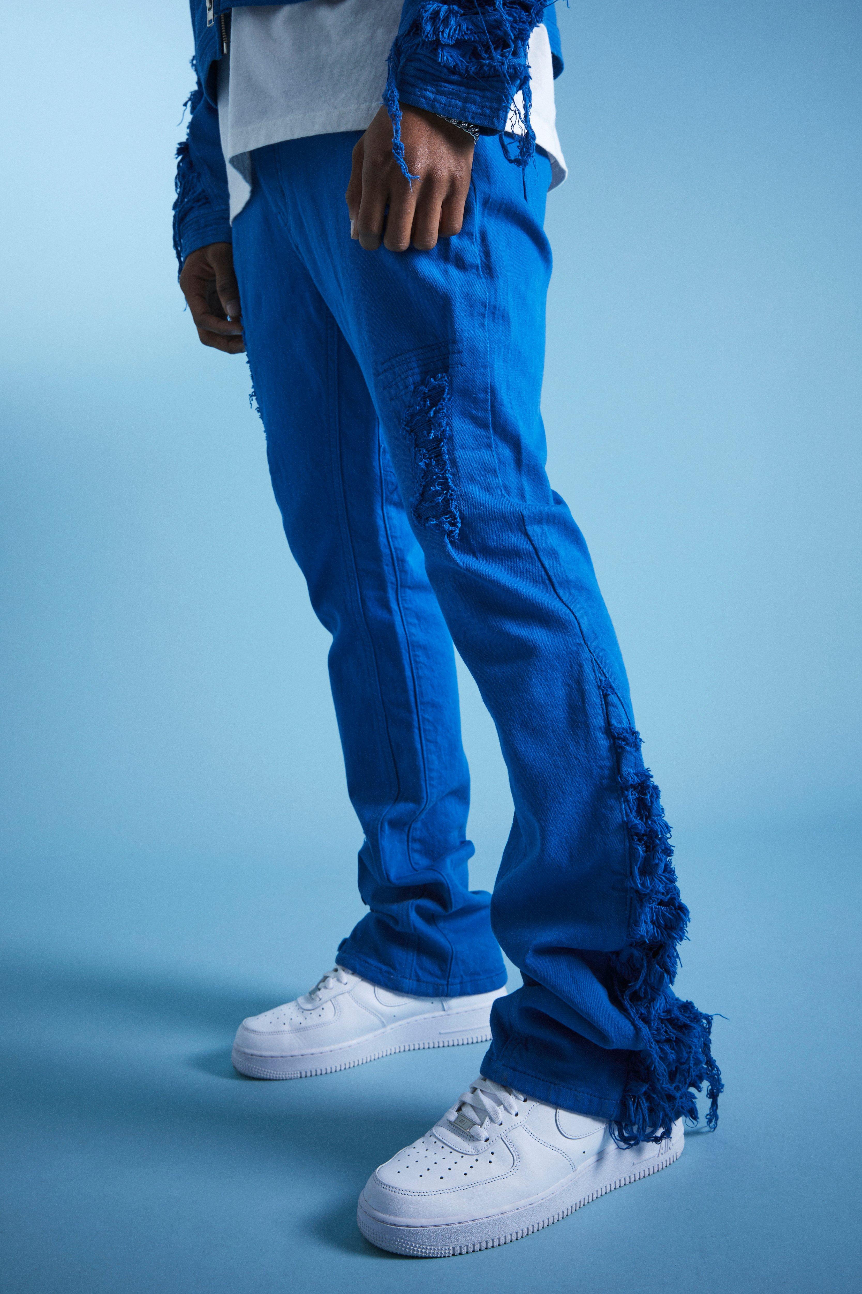 Blue Onbewerkte Gescheurde Slim Fit Jeans Met Wijde Pijpen