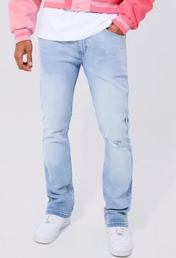 Blue Skinny Stacked Flare Jeans With Knee Rip