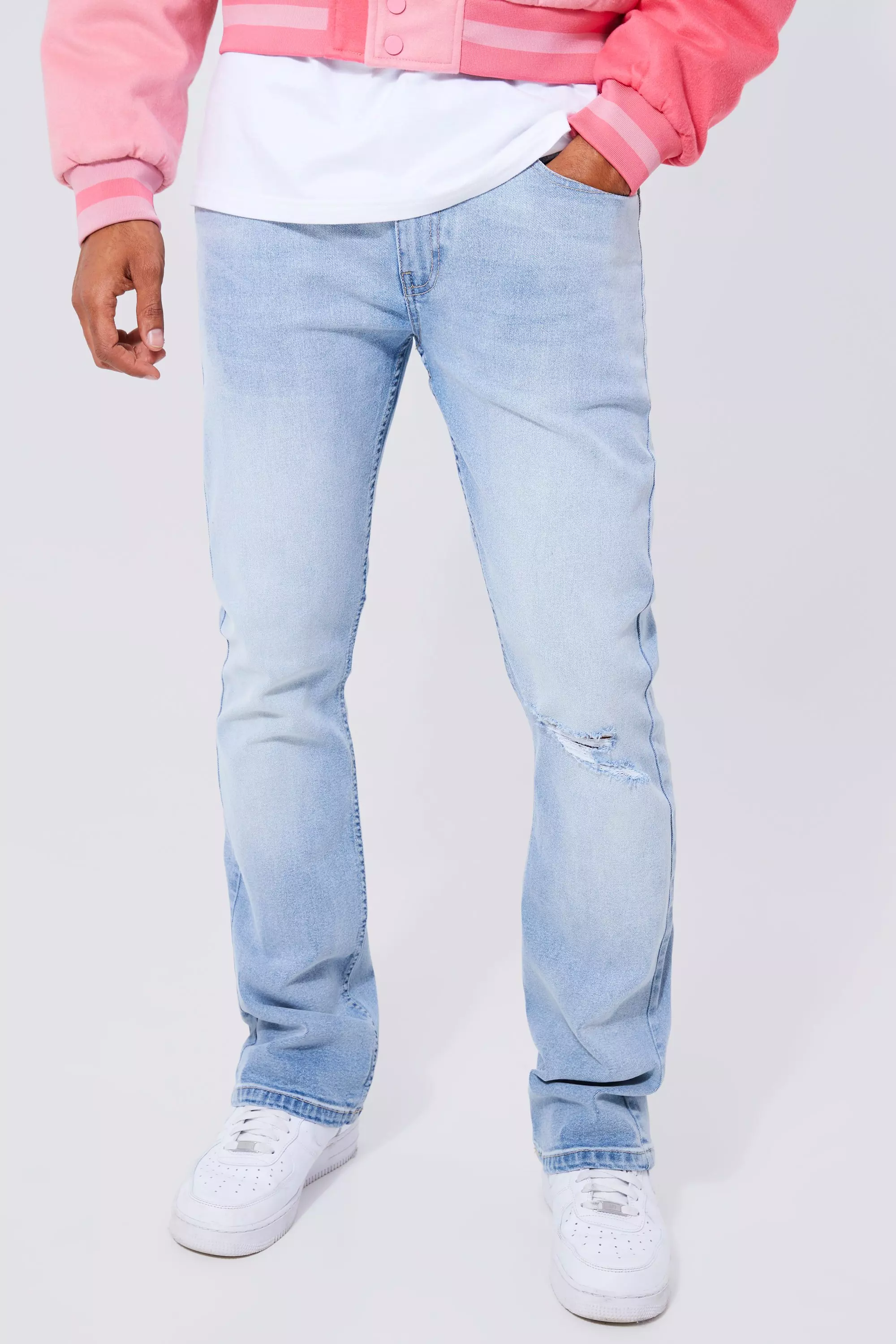 Blue Skinny Stacked Flare Jeans With Knee Rip