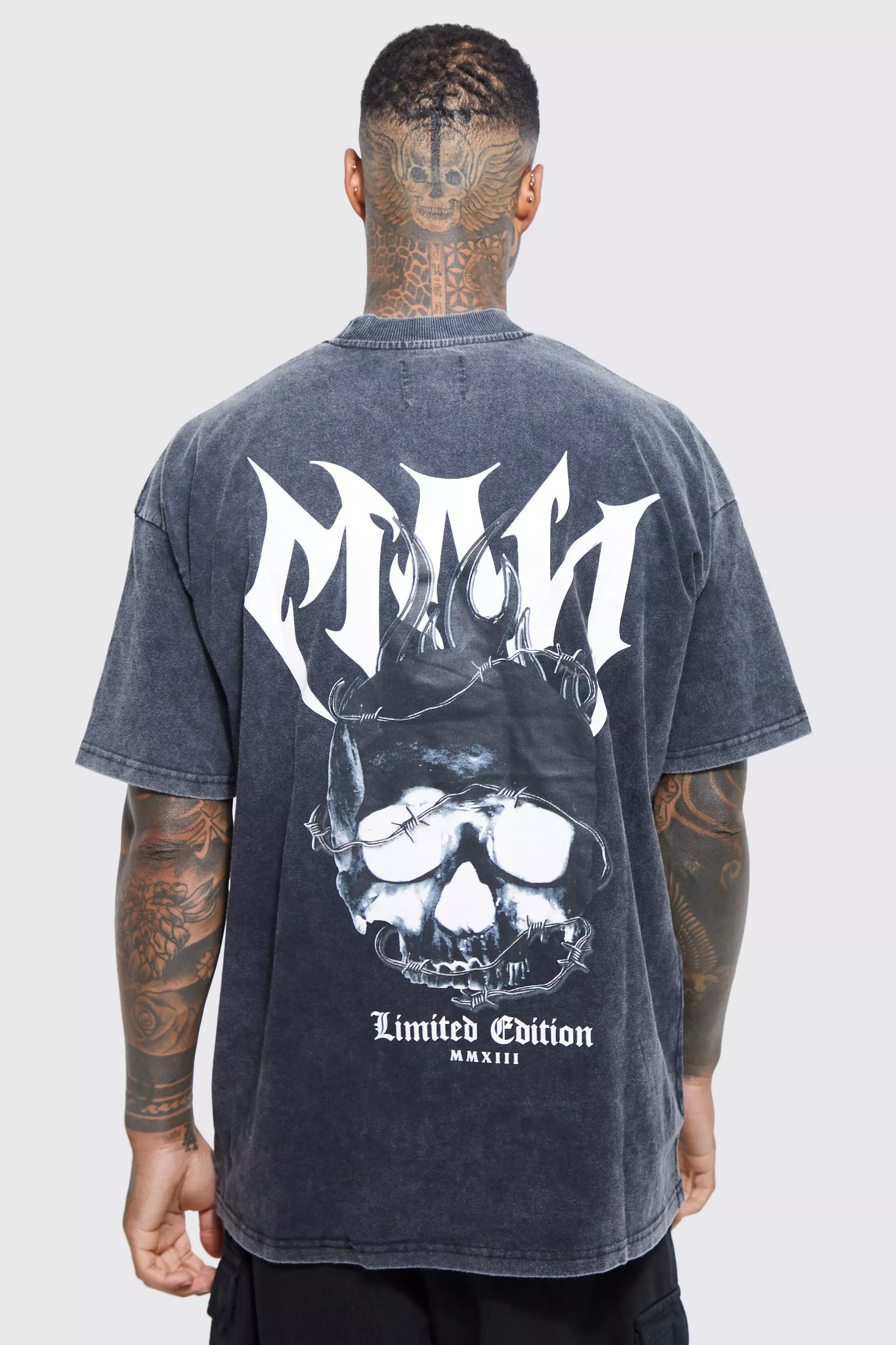 Black Oversized Boxy Acid Wash Skull T-shirt