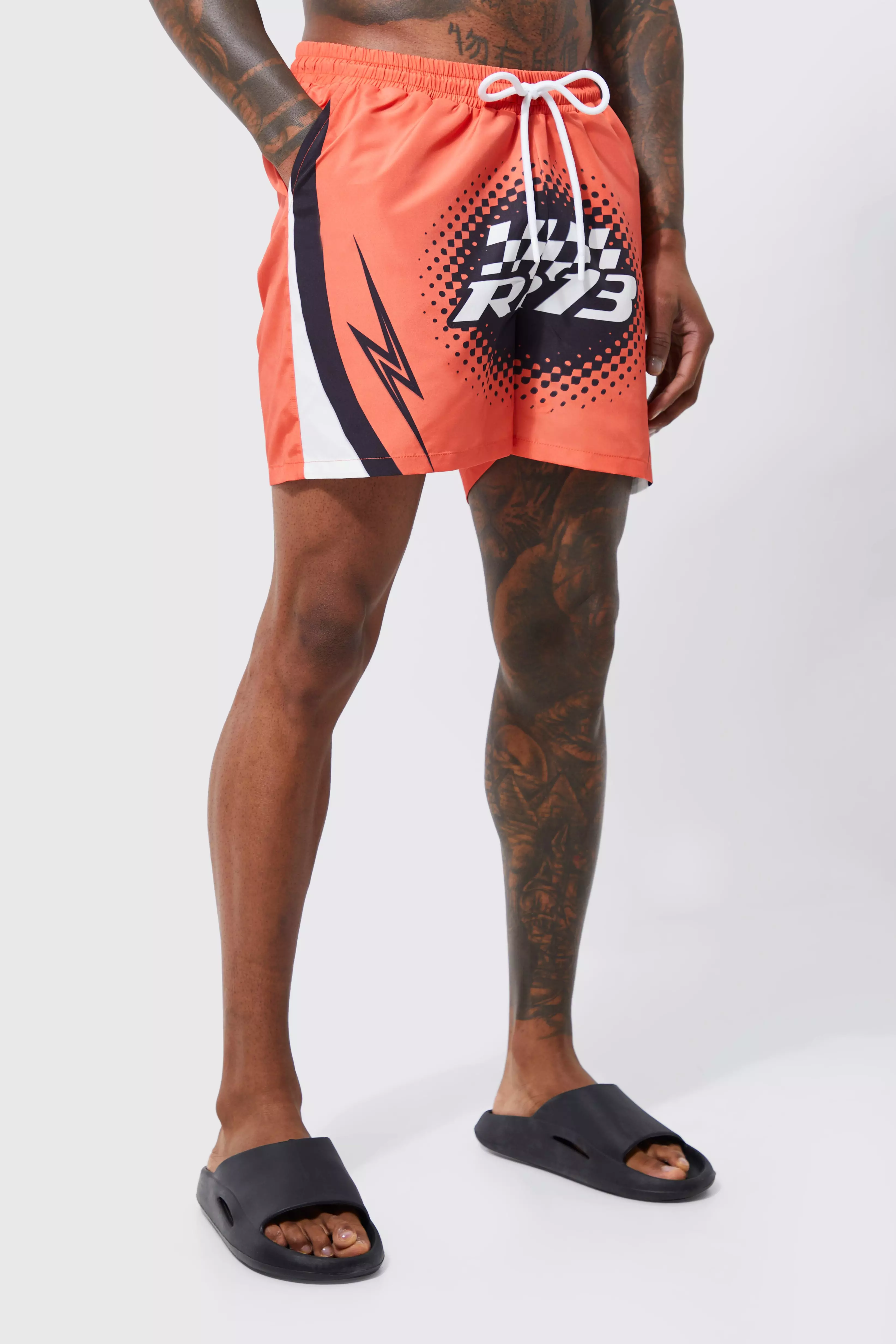 Short Length Racer Split Hem Swim Trunks Orange