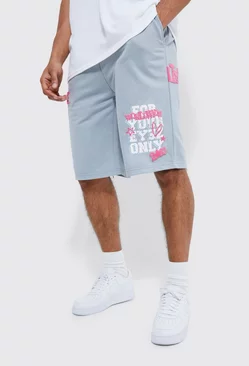 Oversized Long Length Slogan Zip Hem Shorts pewter