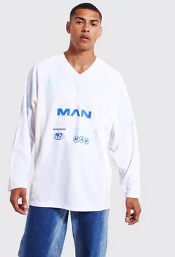 Man V-neck Raglan Mesh Long Sleeve T-shirt White
