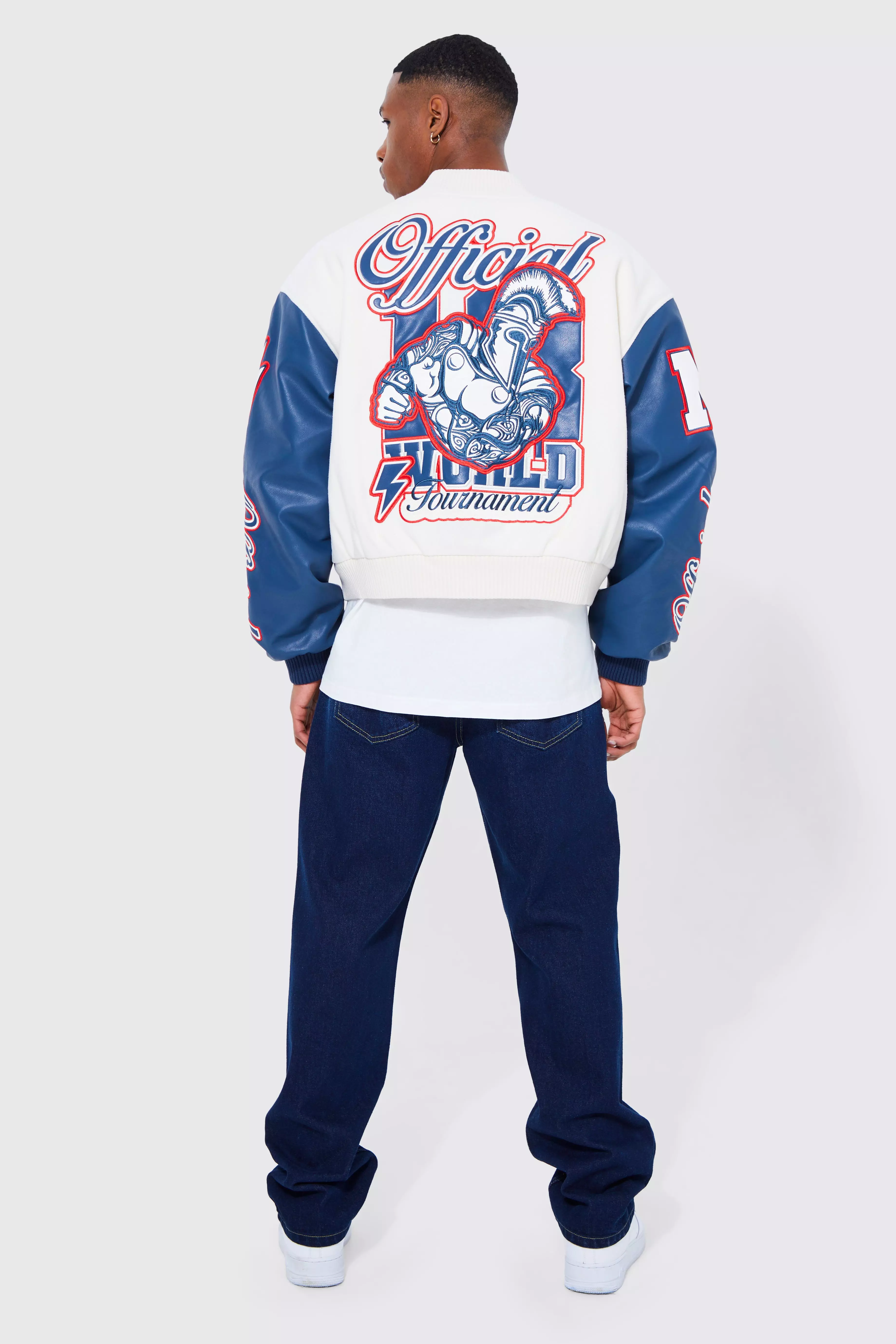 Boxy Official Melton Varsity Jacket | boohooMAN USA