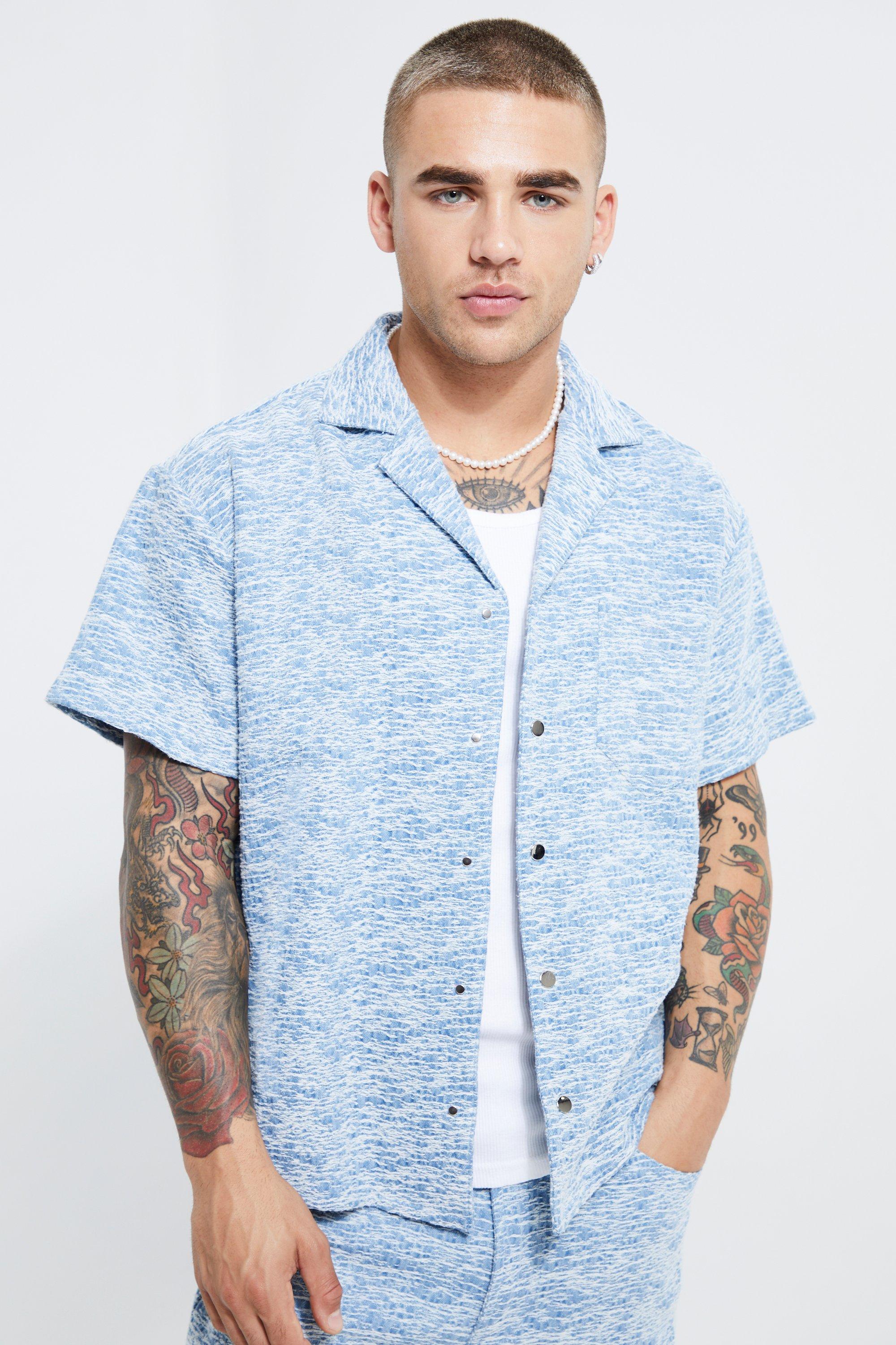 boohooMAN Boxy Fit Diamond Jacquard Denim Shirt - Blue - Size S