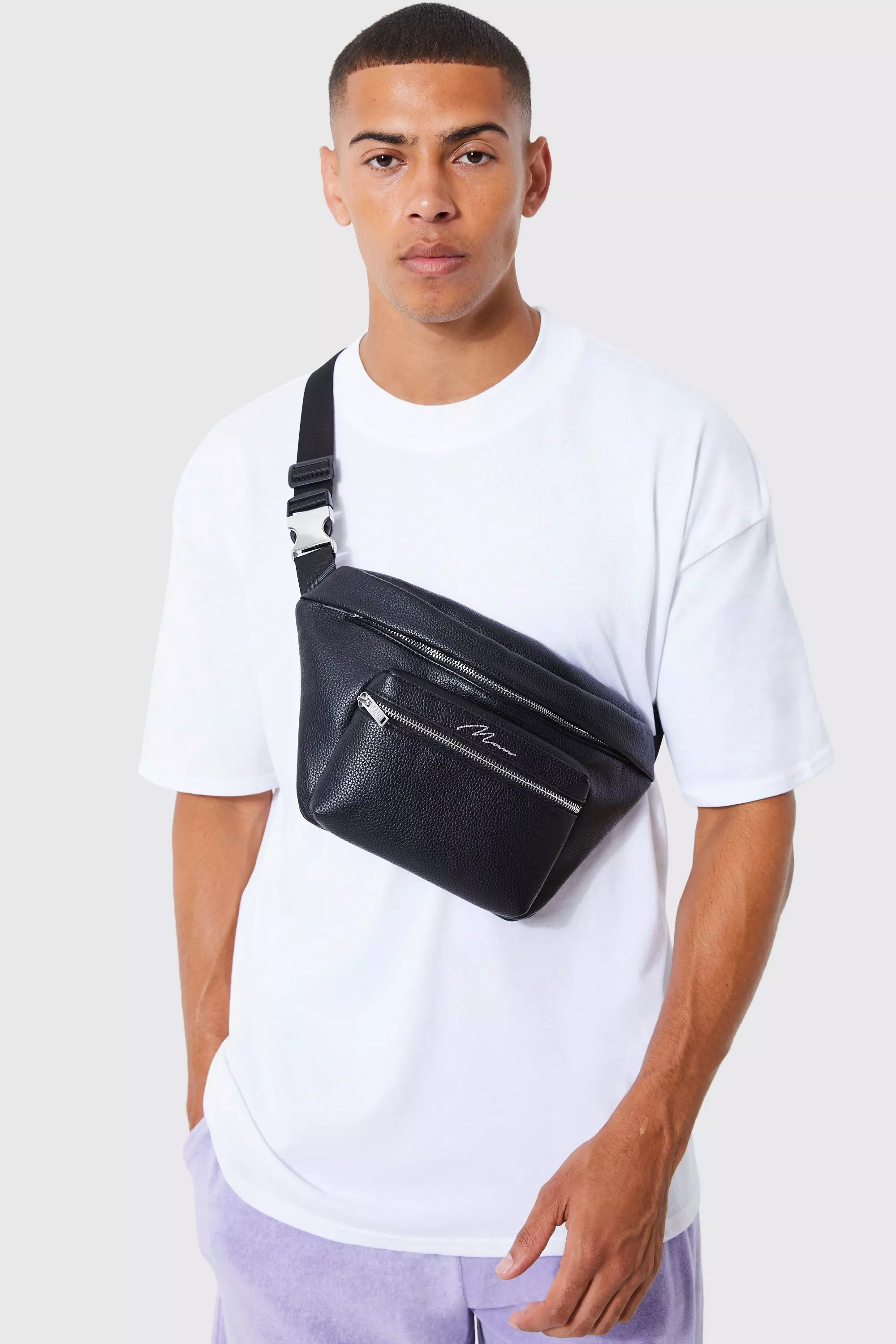 Man Signature Faux Leather Bum Bag