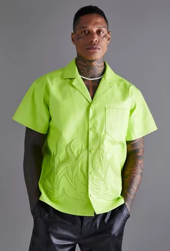 Green PU Short Sleeve Revere Boxy Applique Flame Shirt