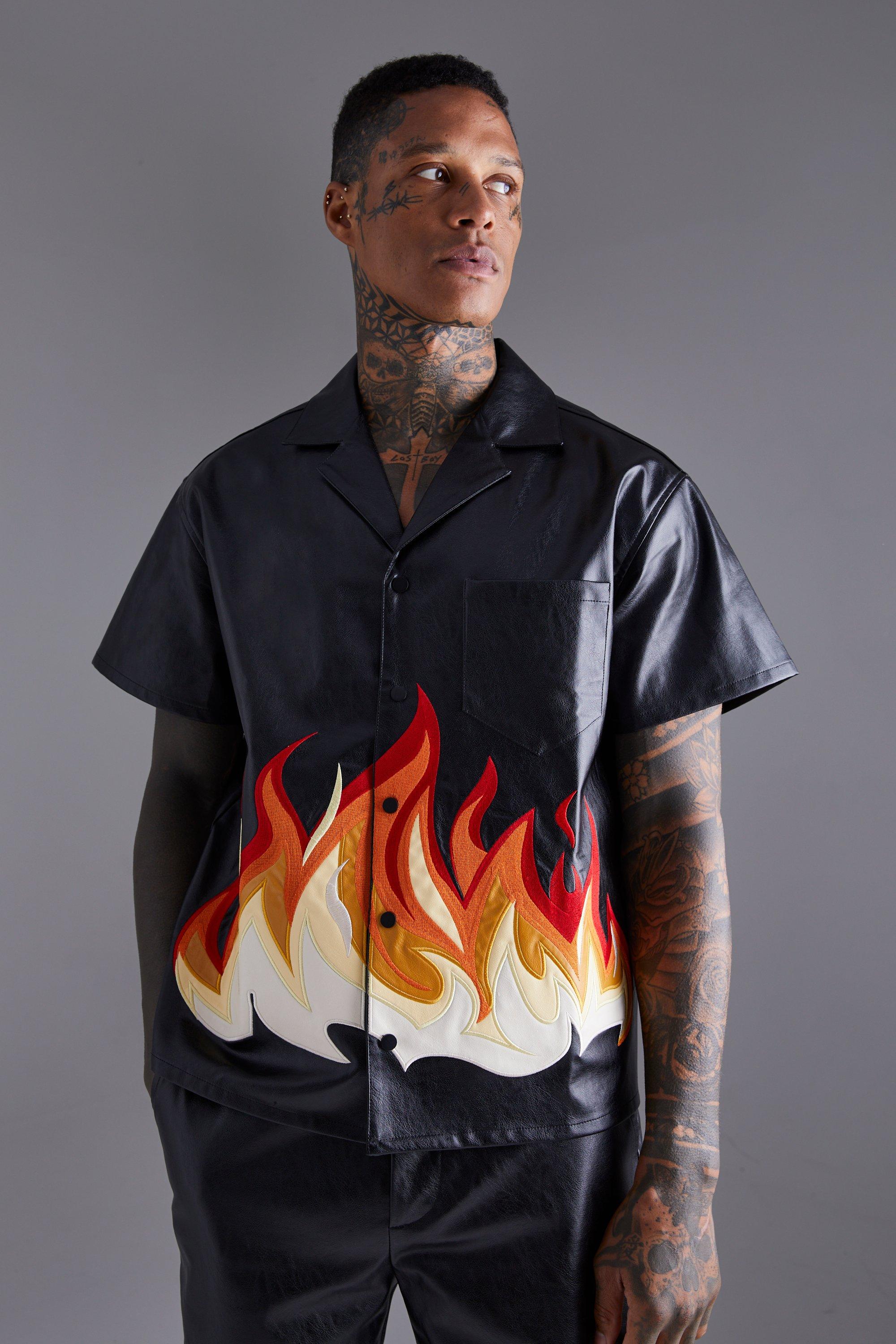 PU Short Sleeve Revere Boxy Flame Print Shirt