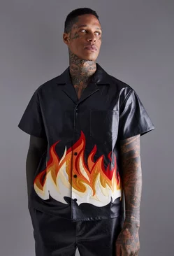 PU Short Sleeve Revere Boxy Flame Print Shirt Black