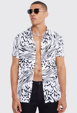 White Short Sleeve Regular Viscose Mono Animal Shirt