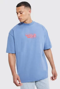 Tall Oversized Heavy Embroidered Worldwide T-shirt Blue