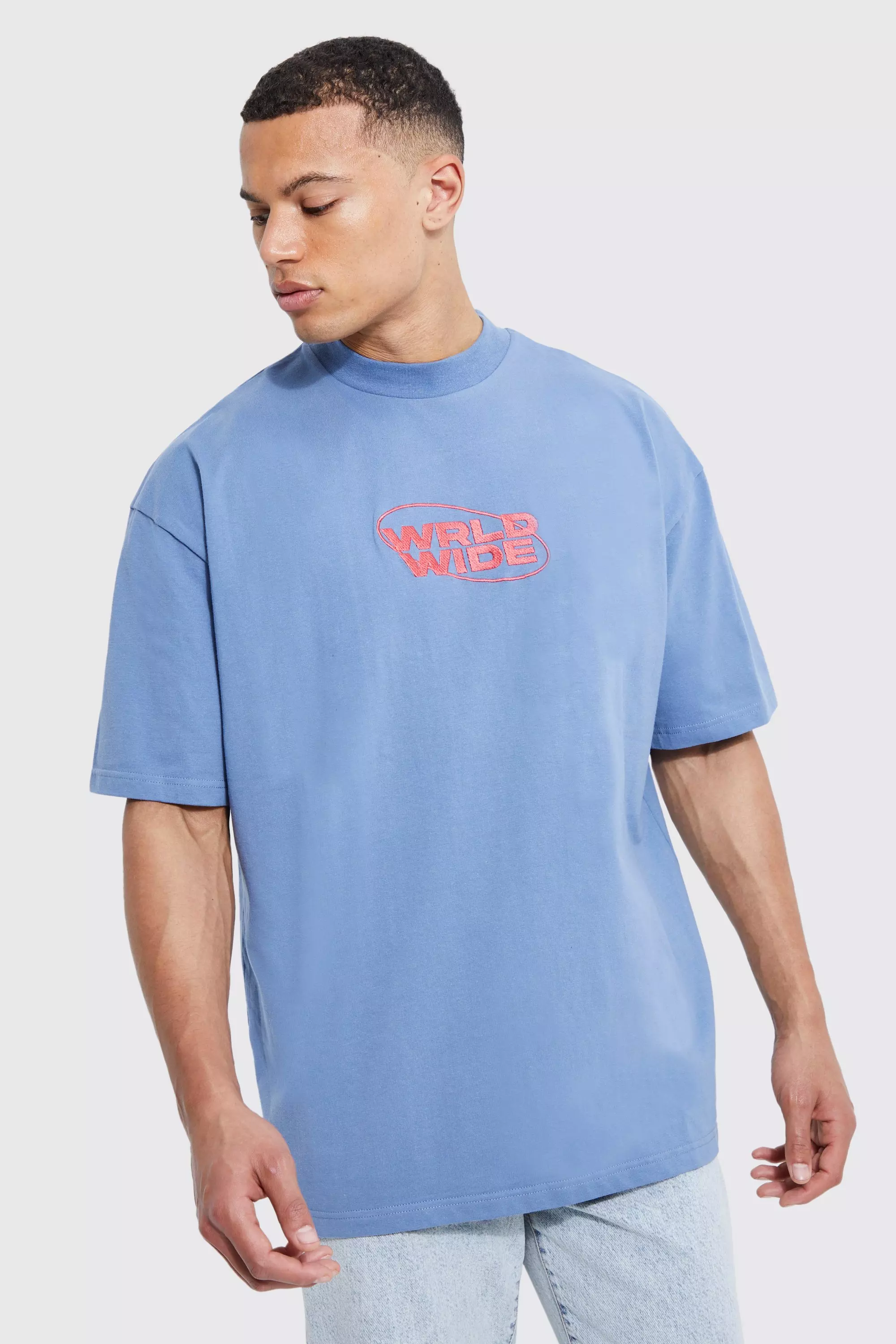 Tall Oversized Heavy Embroidered Worldwide T-shirt Blue