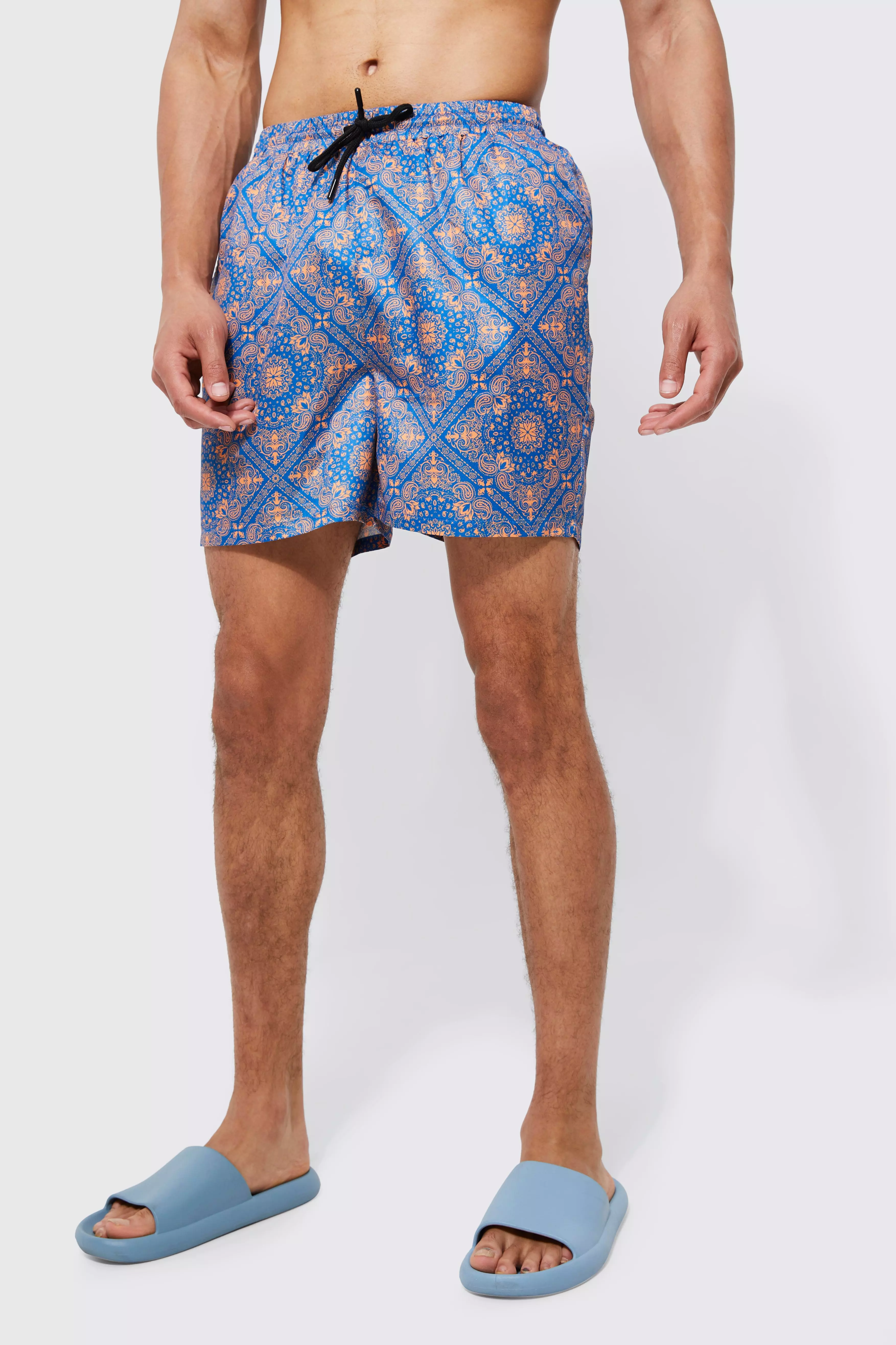 Tall Short Length Bandana Swim Trunks Cobalt