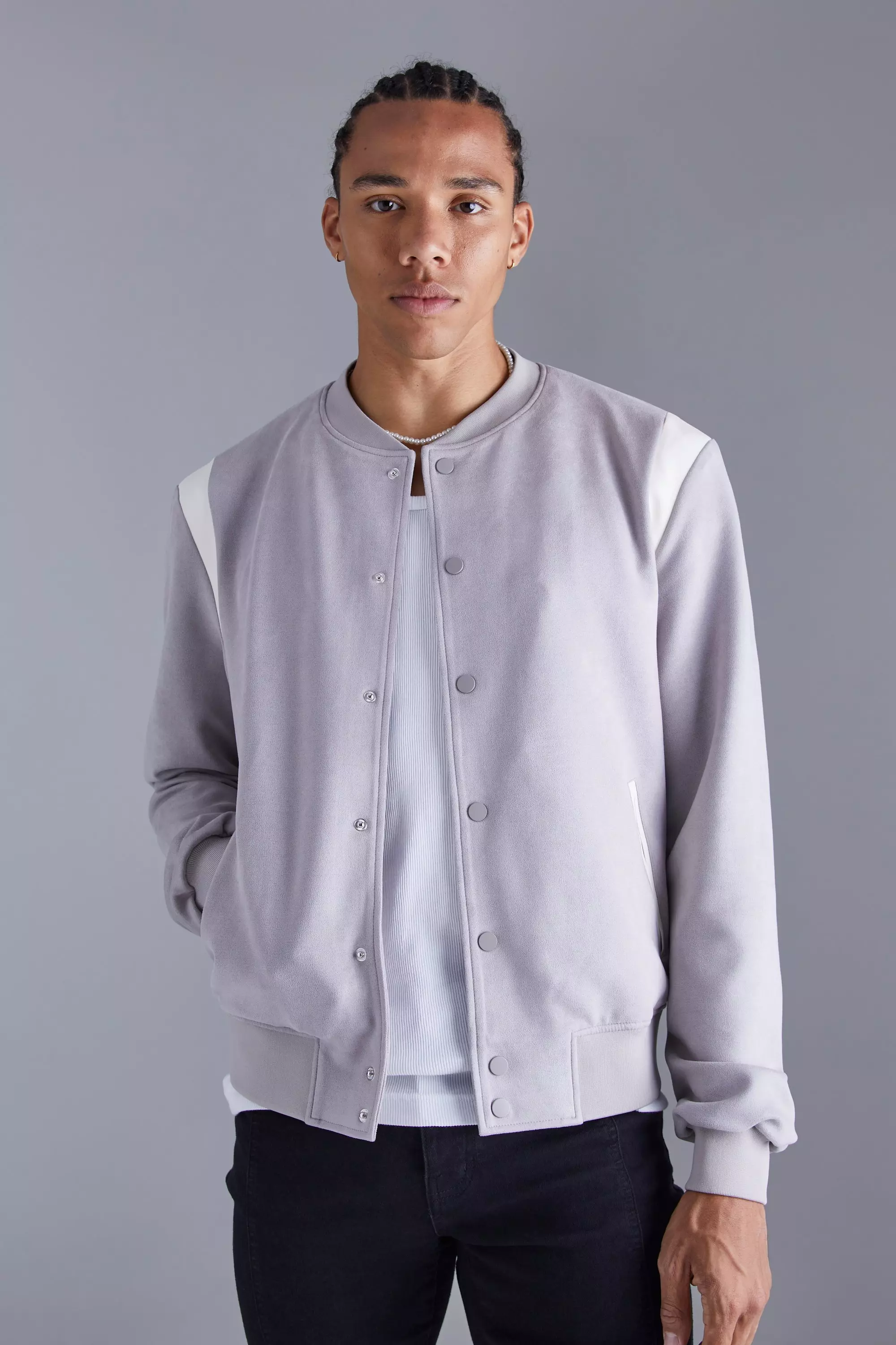 Tall Suedette Varsity Bomber Grey