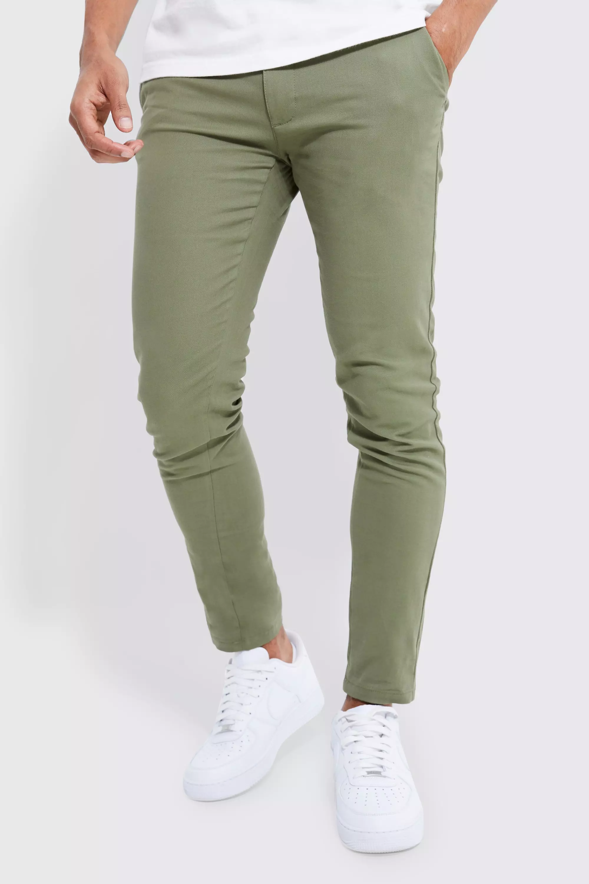 boohooMAN tapered chinos with side panel detail in khaki