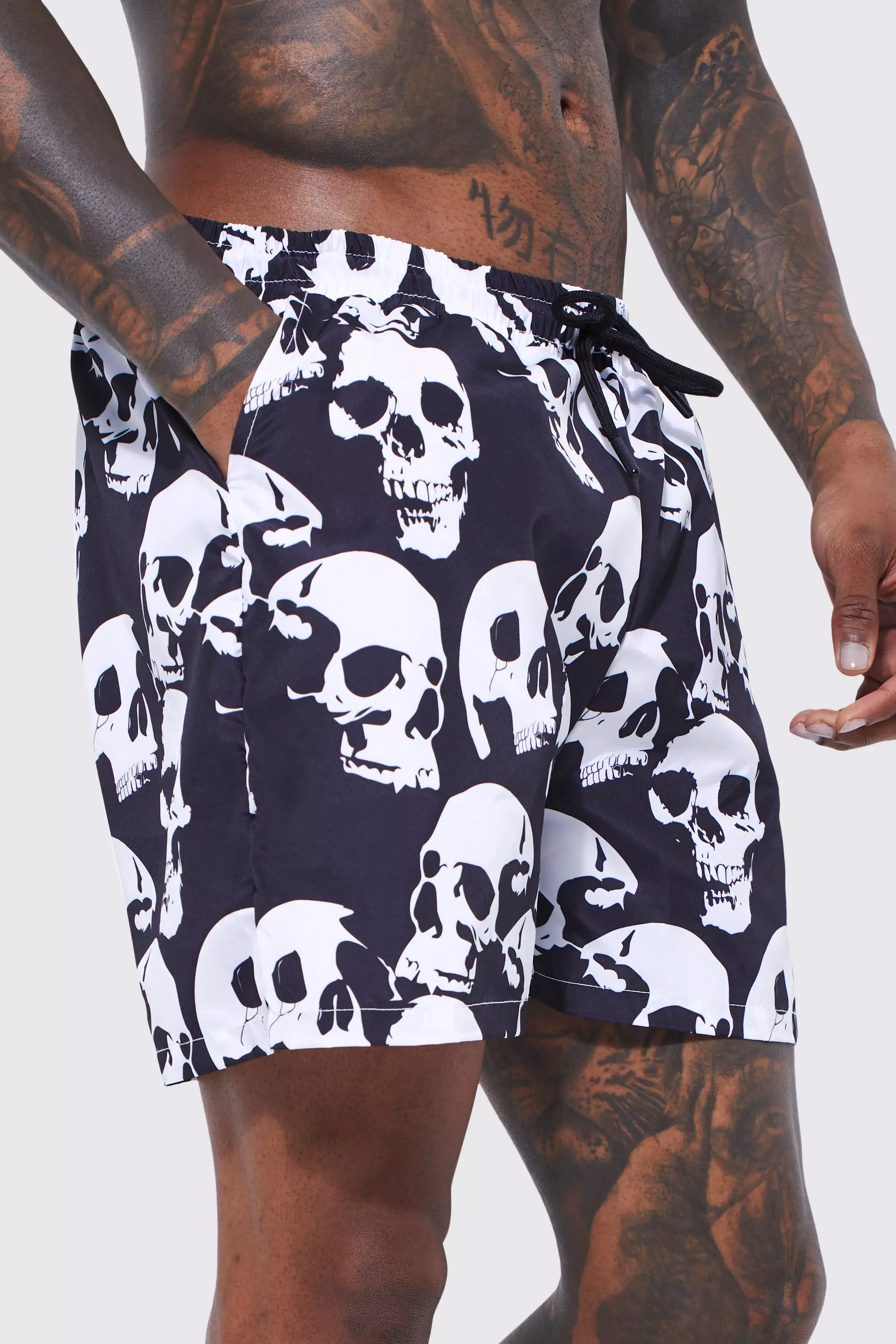Short Length Skull Print Swim Shorts boohooMAN UK