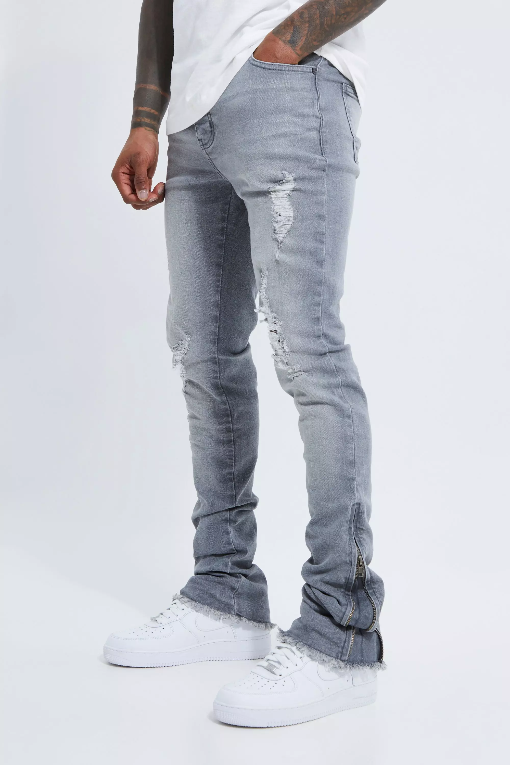 Skinny Stretch Stacked Zip Gusset Rip Jeans Grey