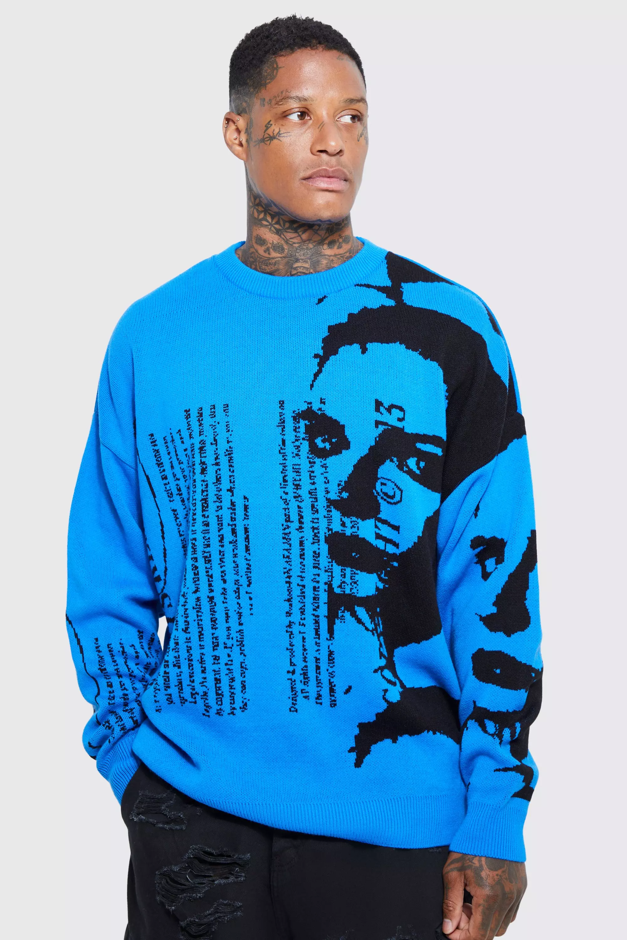 Dusty blue Oversized Portrait Text Knitted Jumper alternative image