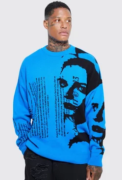 Blue Oversized Portrait Text Knitted Sweater