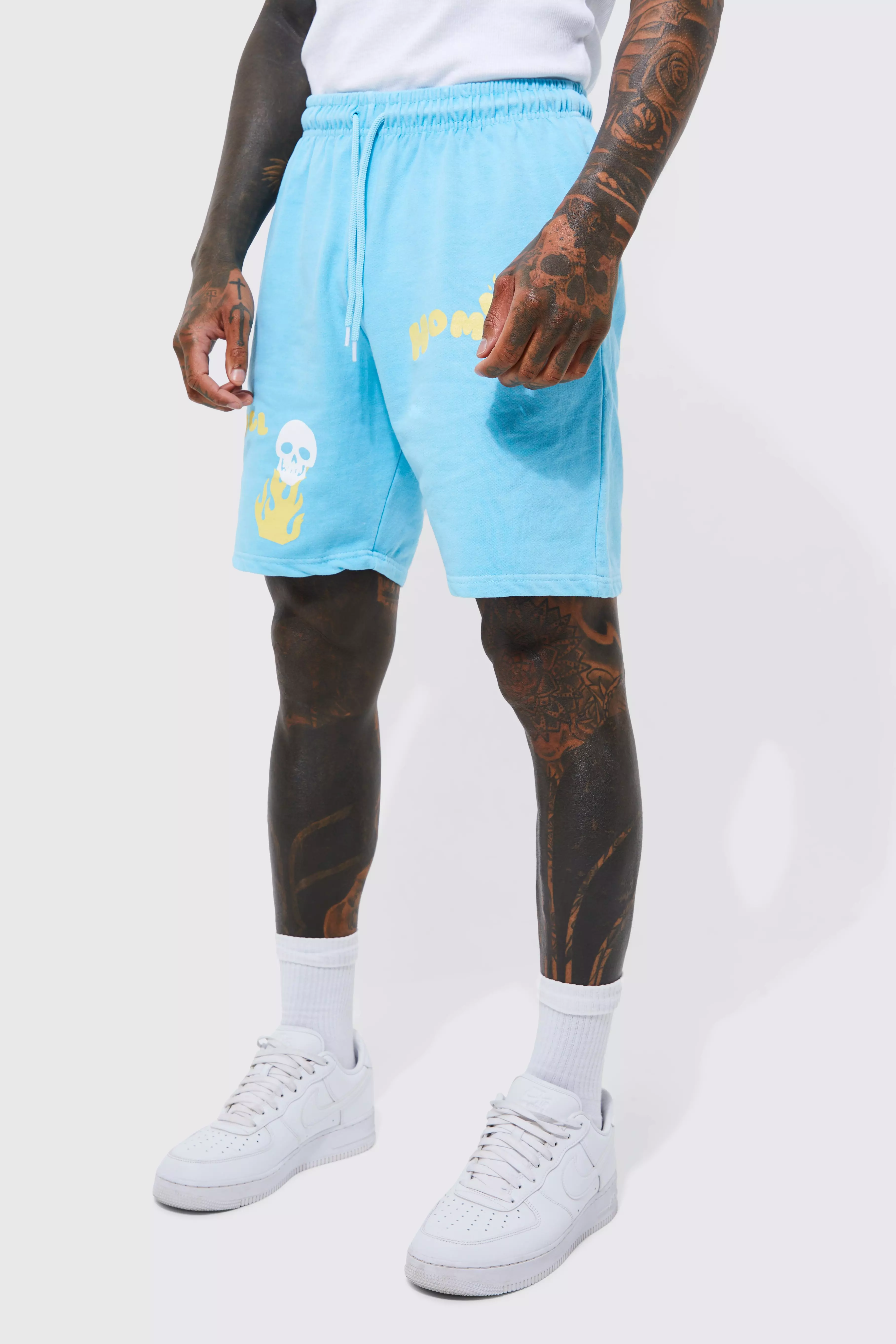 Blue Slim Overdyed Skull Graphic Sweat Shorts