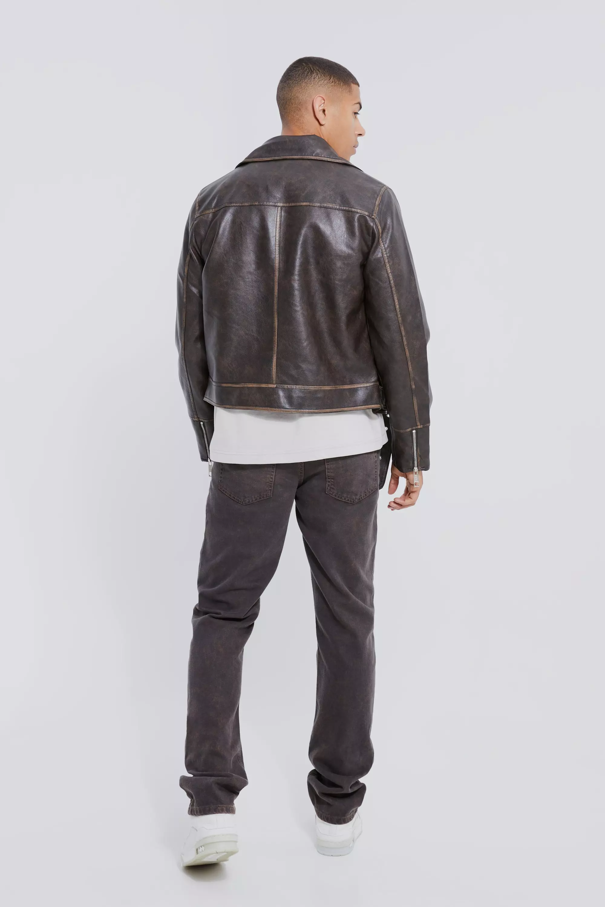 Brown Boxy Vintage Pu Biker Jacket alternative image