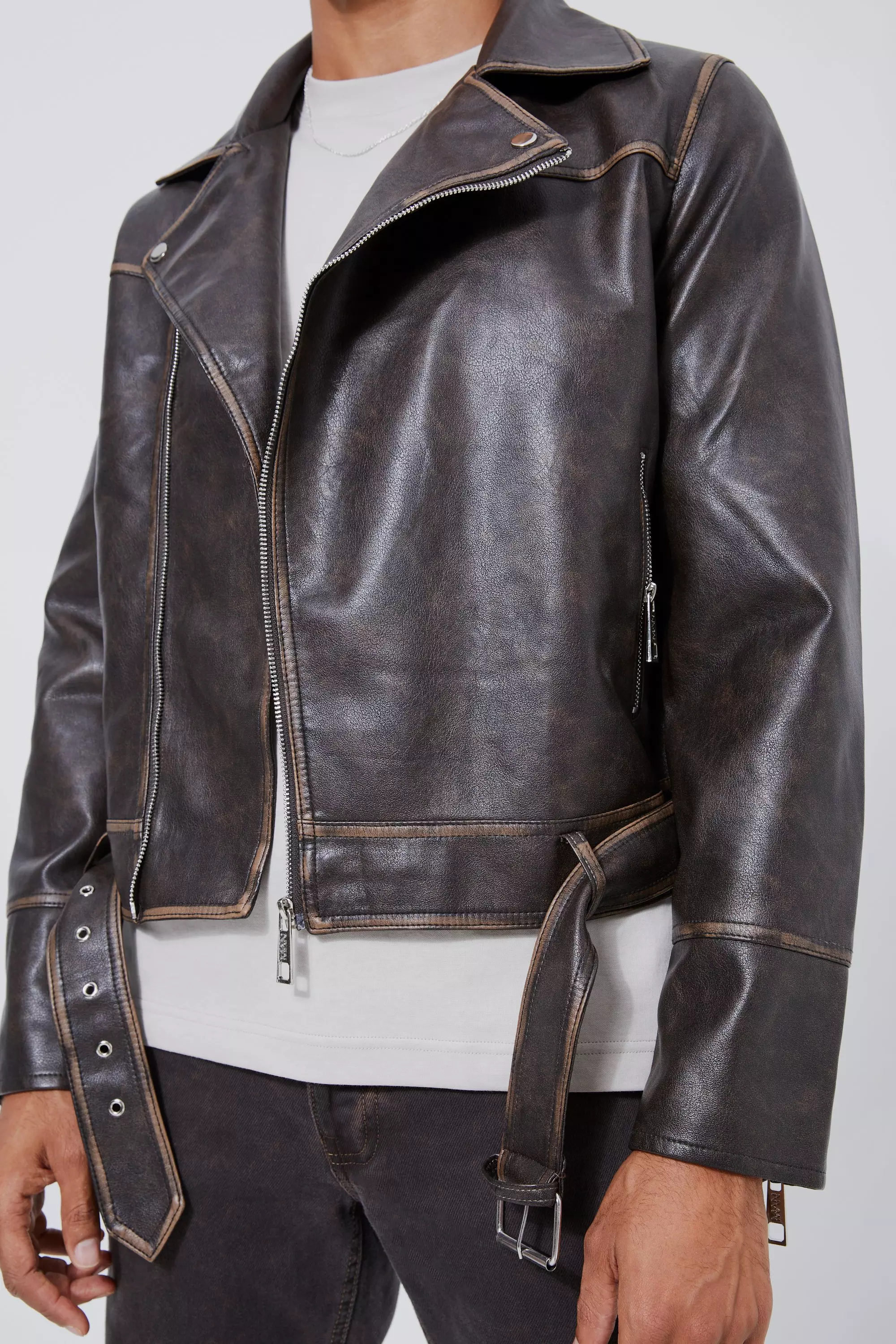 Brown Boxy Vintage Pu Biker Jacket alternative image